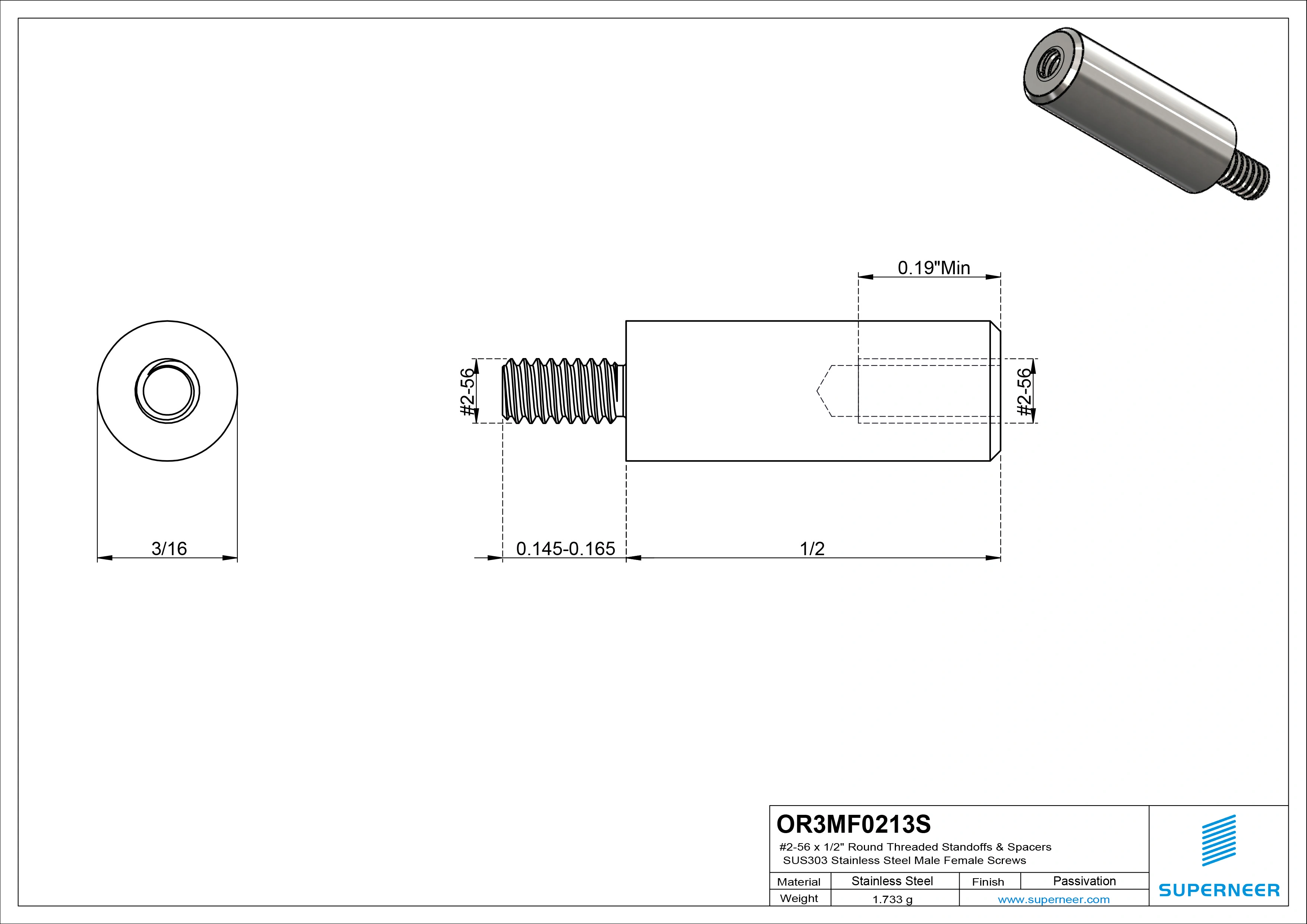 2-56 x 1/2" Round Threaded Standoffs & Spacers SUS303 Stainless Steel Inox Male Female Screws