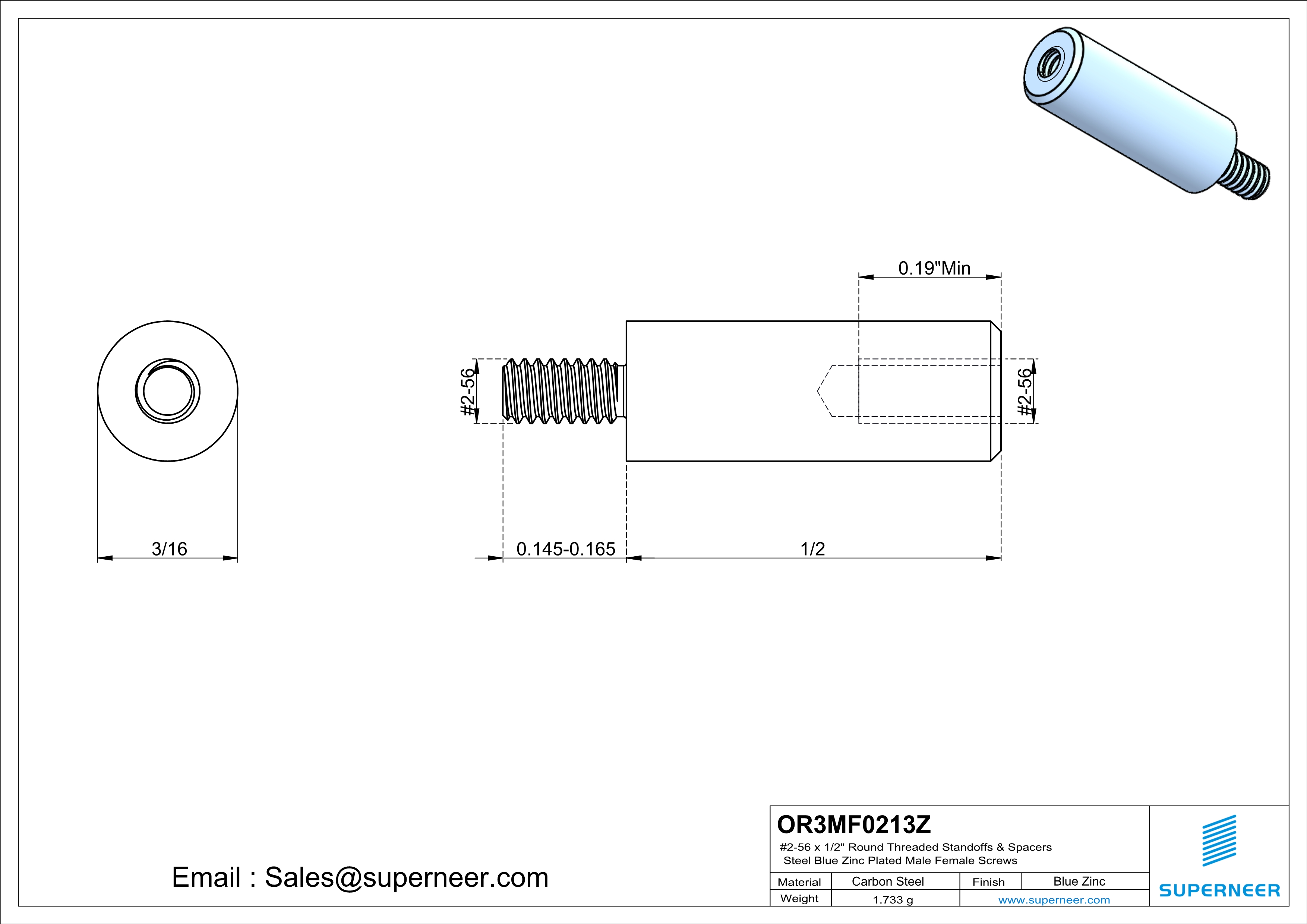 2-56 x 1/2" Round Threaded Standoffs & Spacers Steel Blue Zinc Plated Male Female Screws