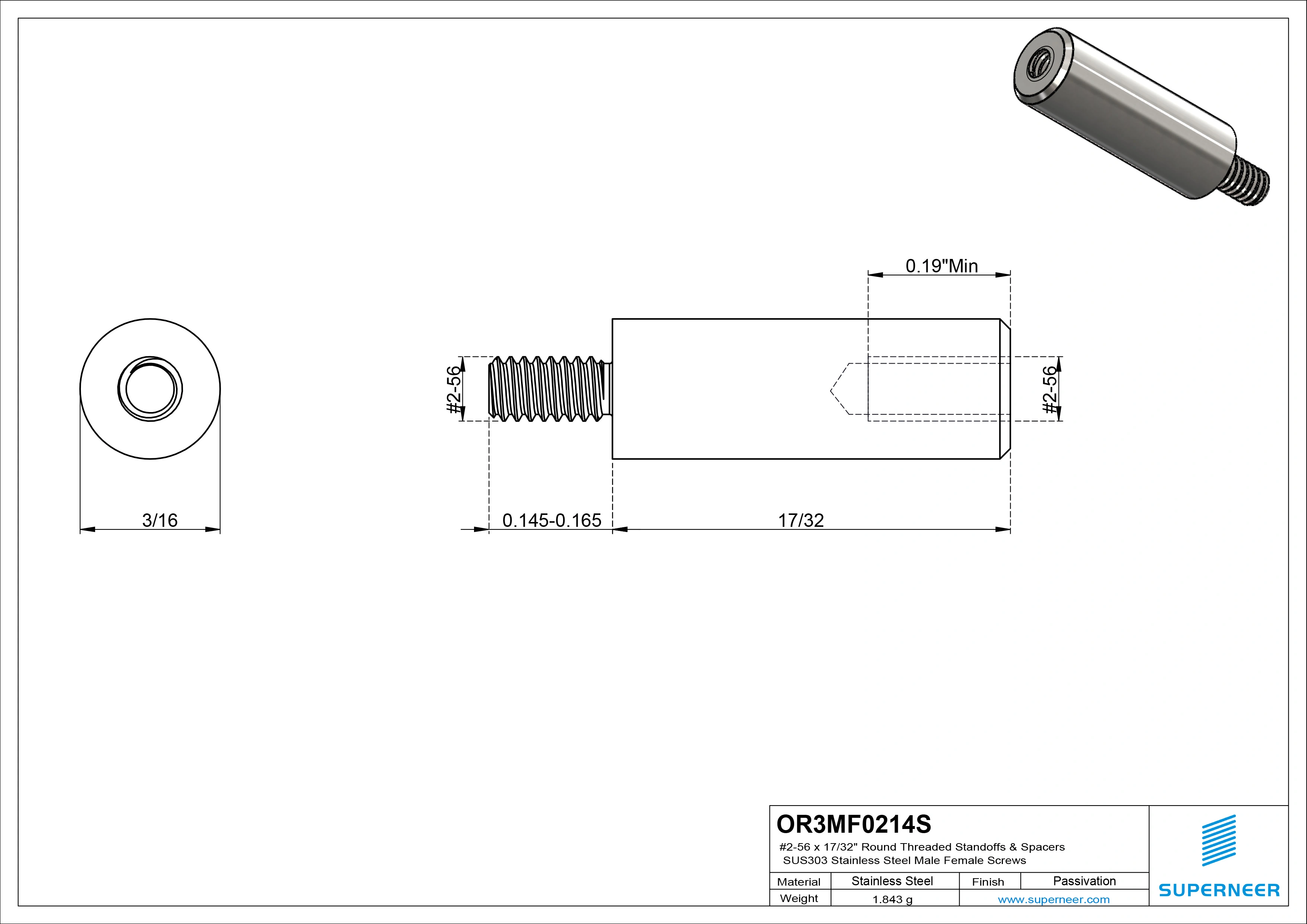 2-56 x 17/32" Round Threaded Standoffs & Spacers SUS303 Stainless Steel Inox Male Female Screws