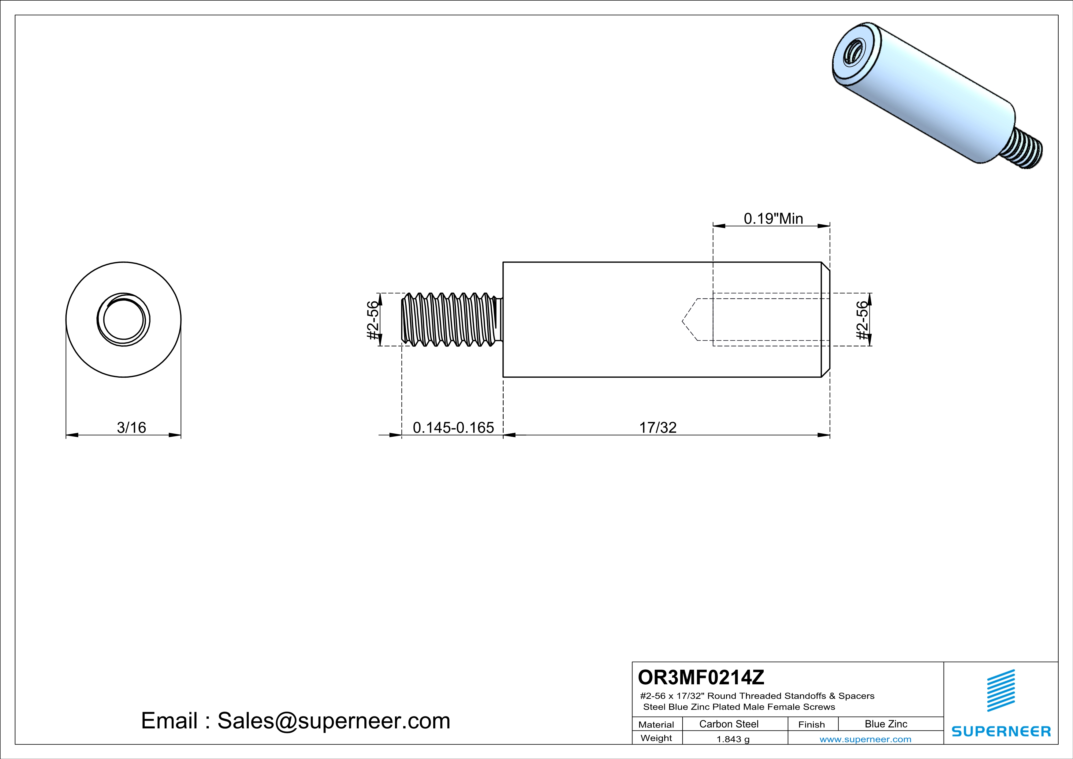 2-56 x 17/32" Round Threaded Standoffs & Spacers Steel Blue Zinc Plated Male Female Screws