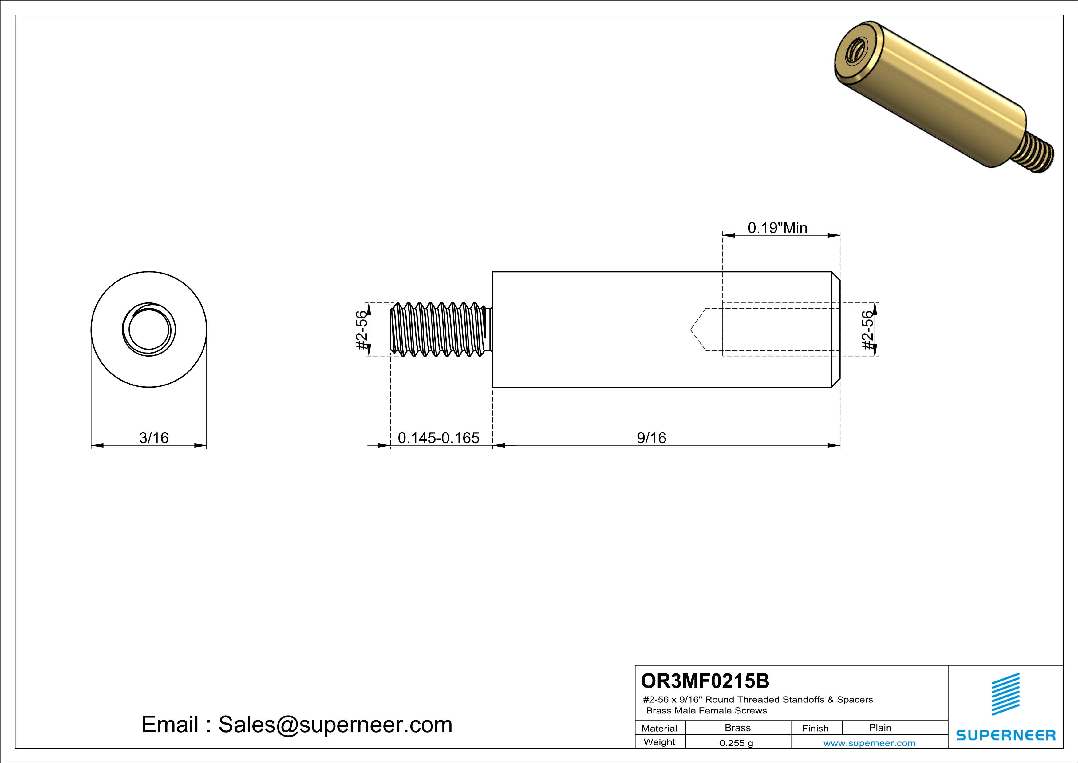 2-56 x 9/16" Round Threaded Standoffs & Spacers Brass Male Female Screws