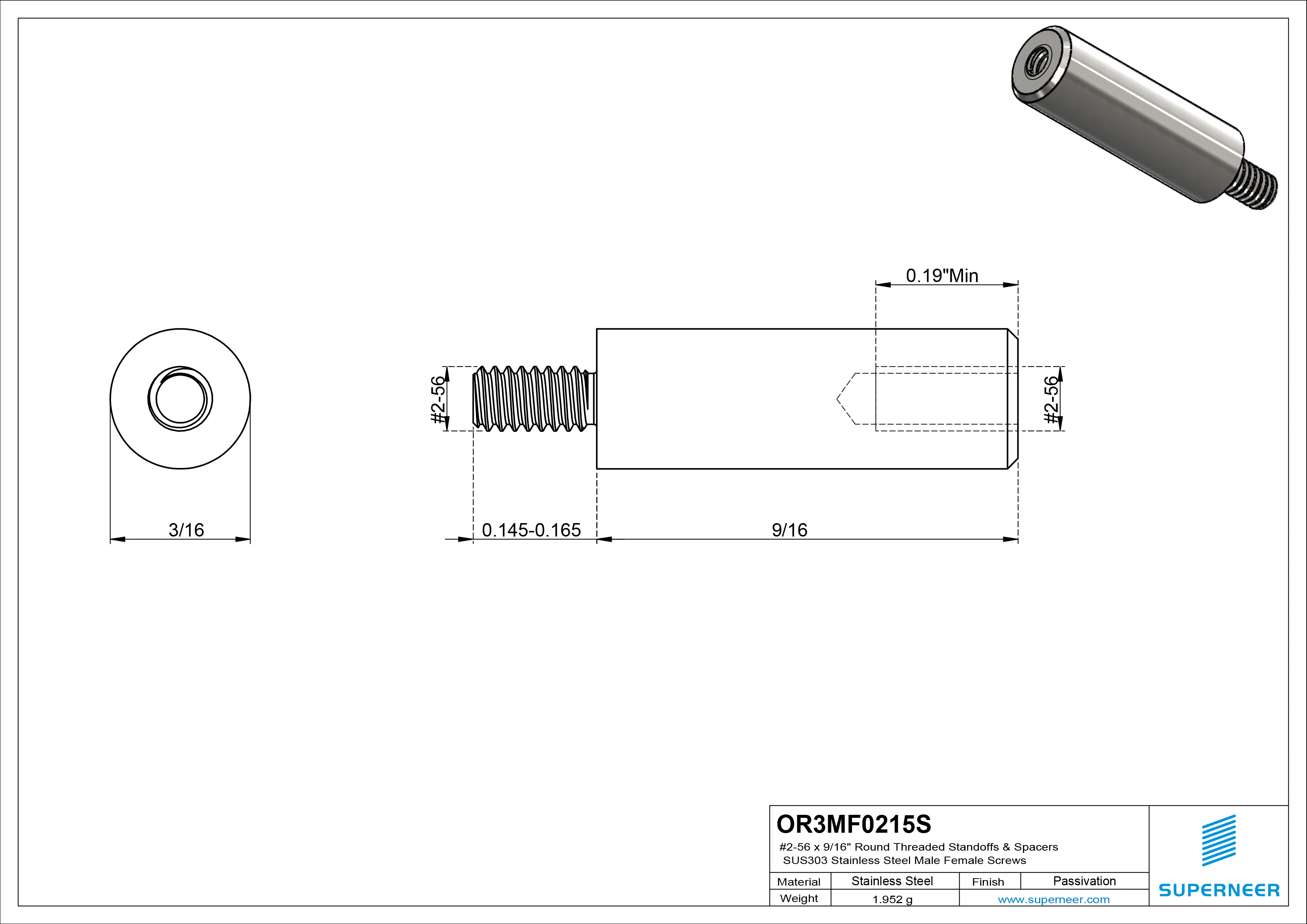 2-56 x 9/16" Round Threaded Standoffs & Spacers SUS303 Stainless Steel Inox Male Female Screws