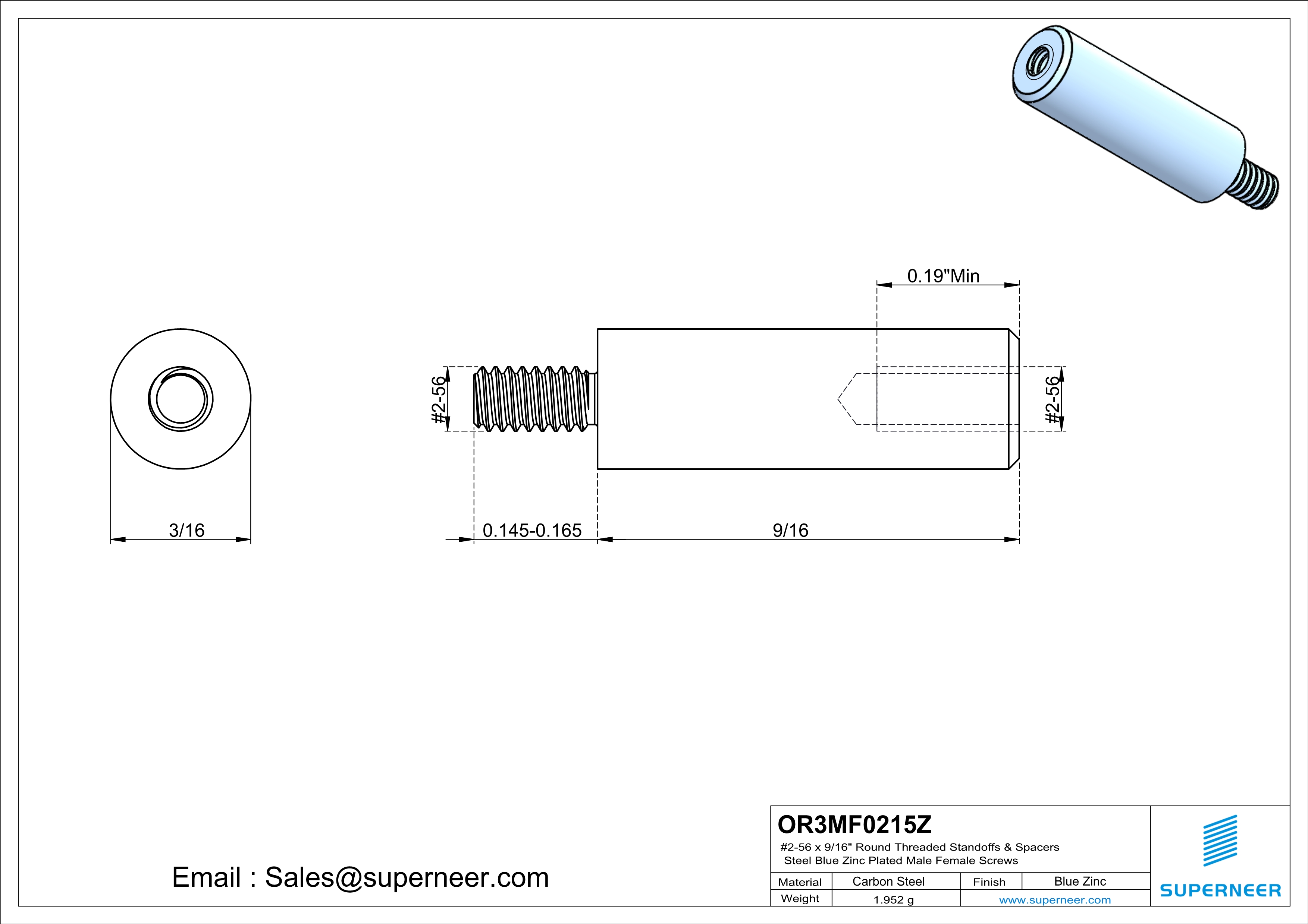 2-56 x 9/16" Round Threaded Standoffs & Spacers Steel Blue Zinc Plated Male Female Screws