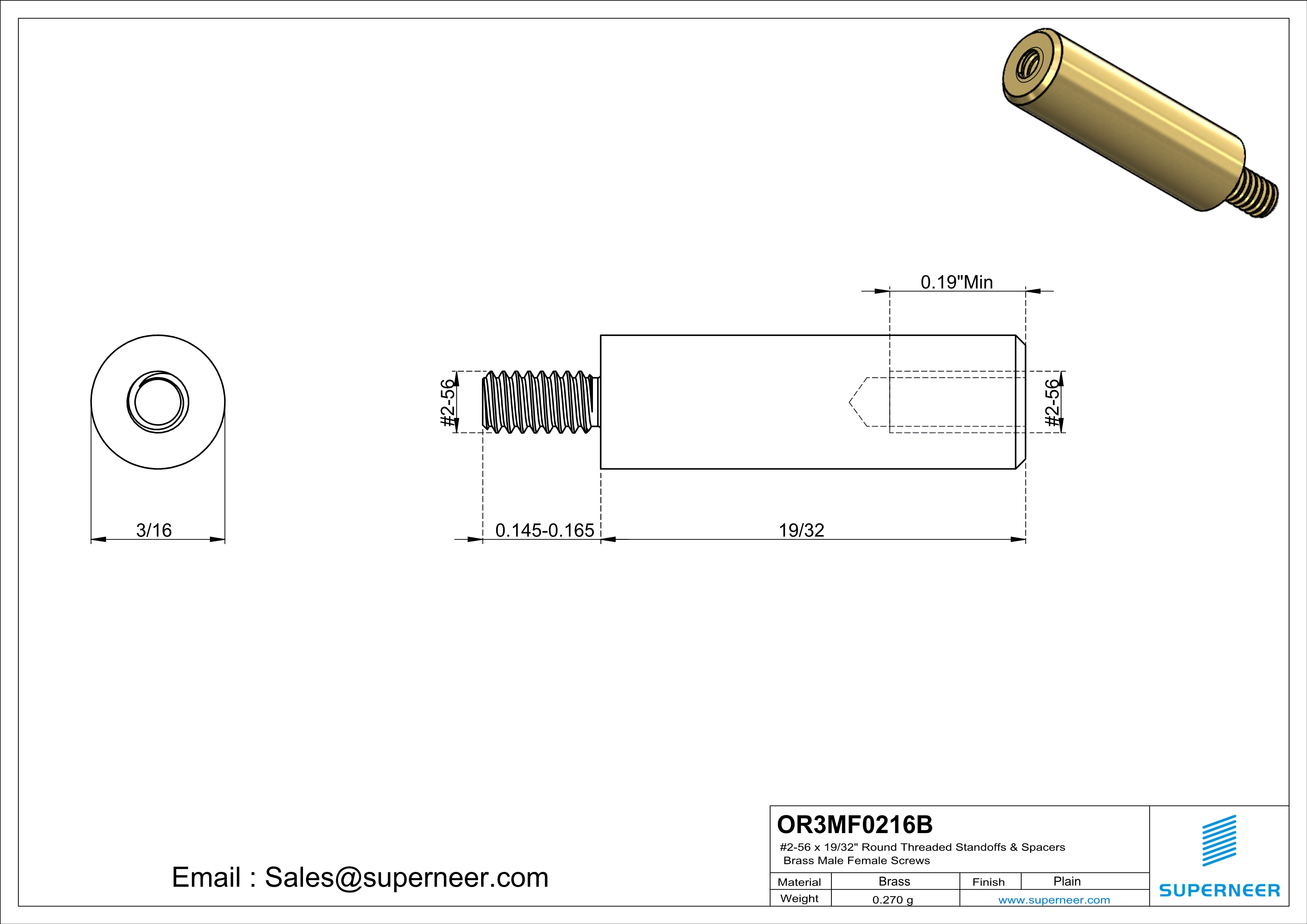 2-56 x 19/32" Round Threaded Standoffs & Spacers Brass Male Female Screws