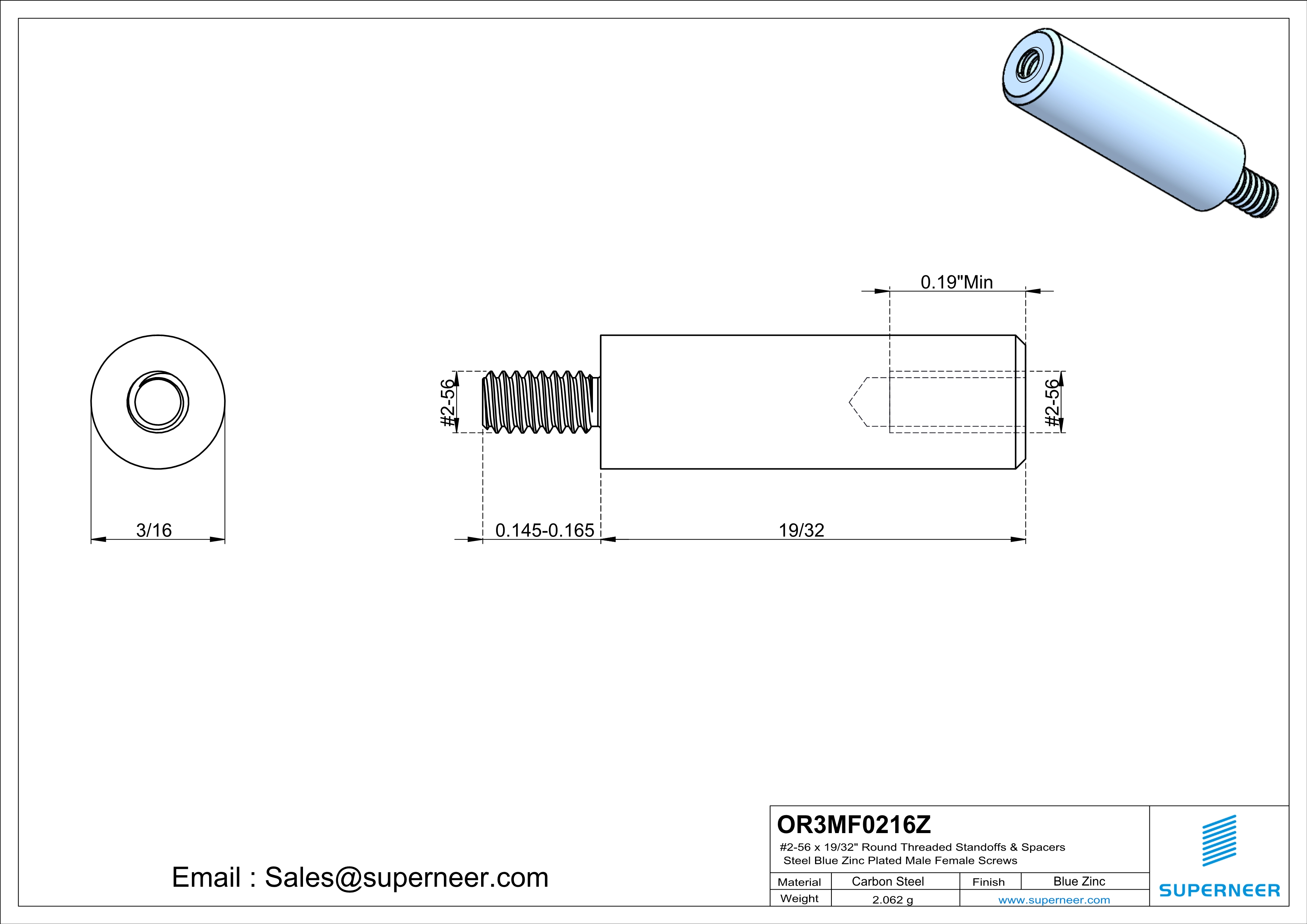 2-56 x 19/32" Round Threaded Standoffs & Spacers Steel Blue Zinc Plated Male Female Screws