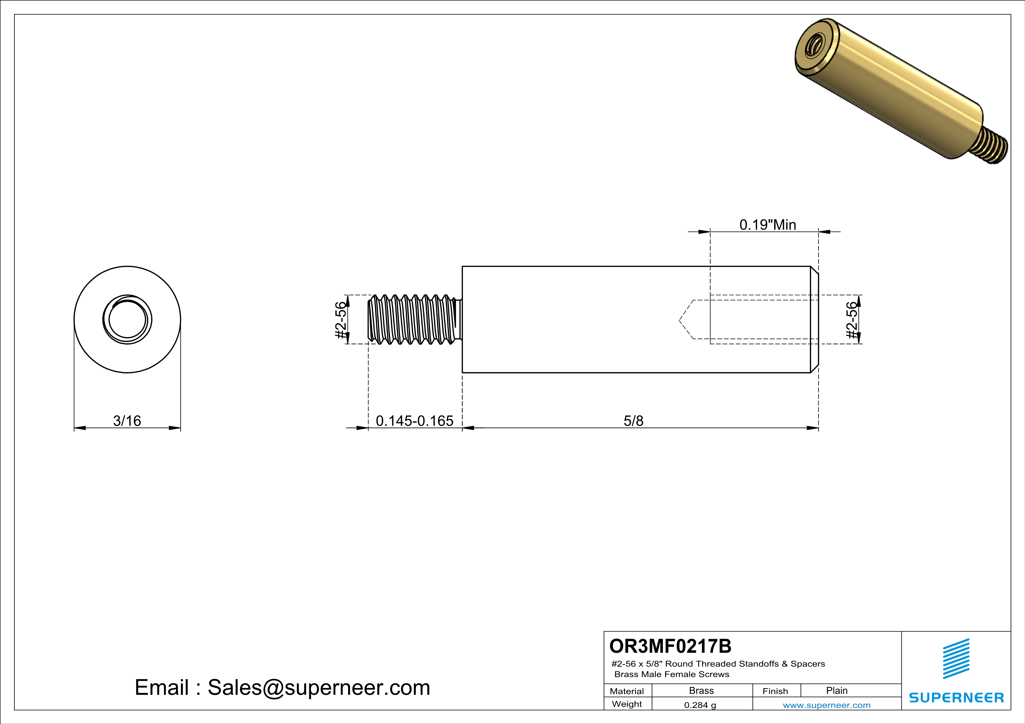 2-56 x 5/8" Round Threaded Standoffs & Spacers Brass Male Female Screws