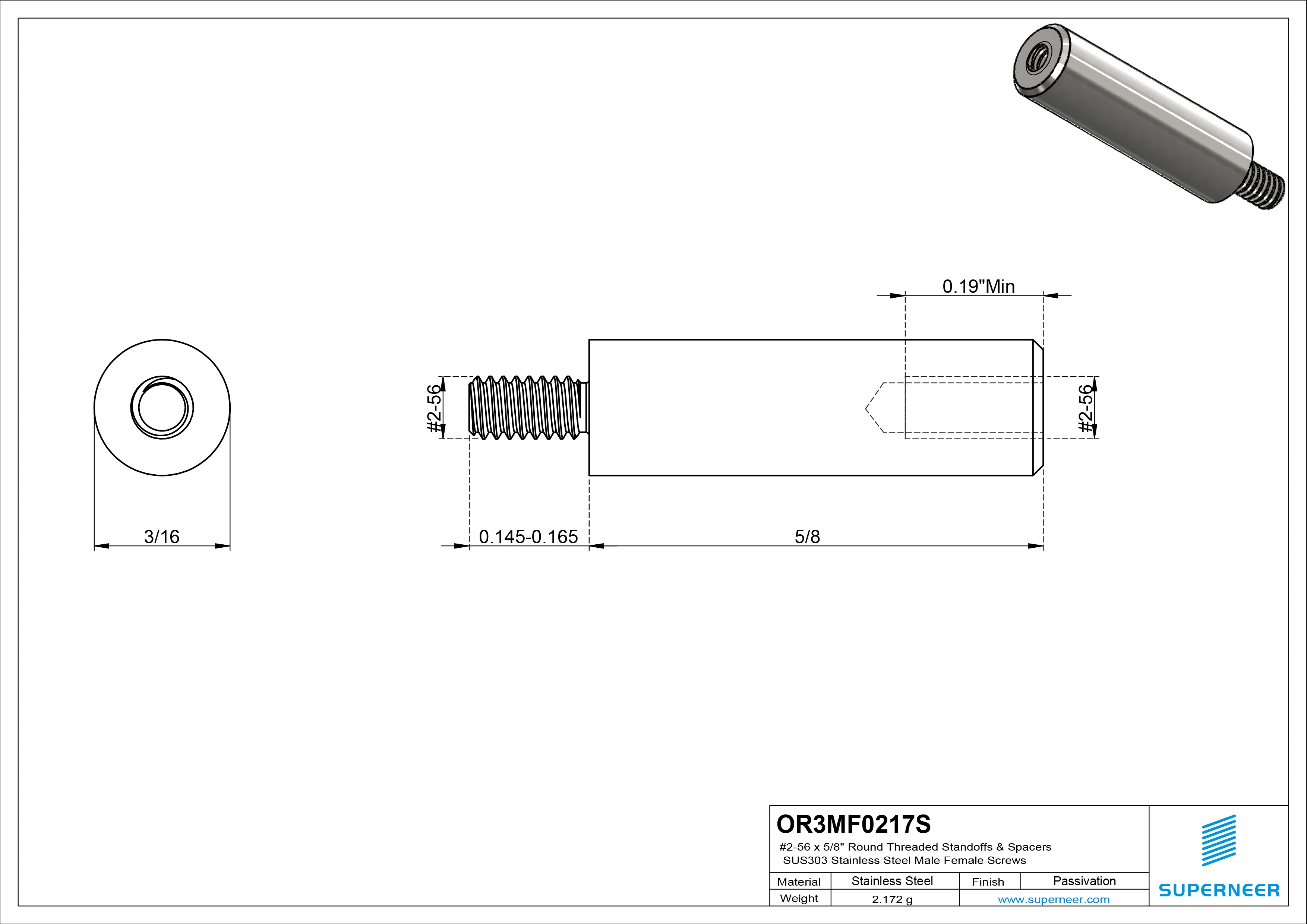 2-56 x 5/8" Round Threaded Standoffs & Spacers SUS303 Stainless Steel Inox Male Female Screws