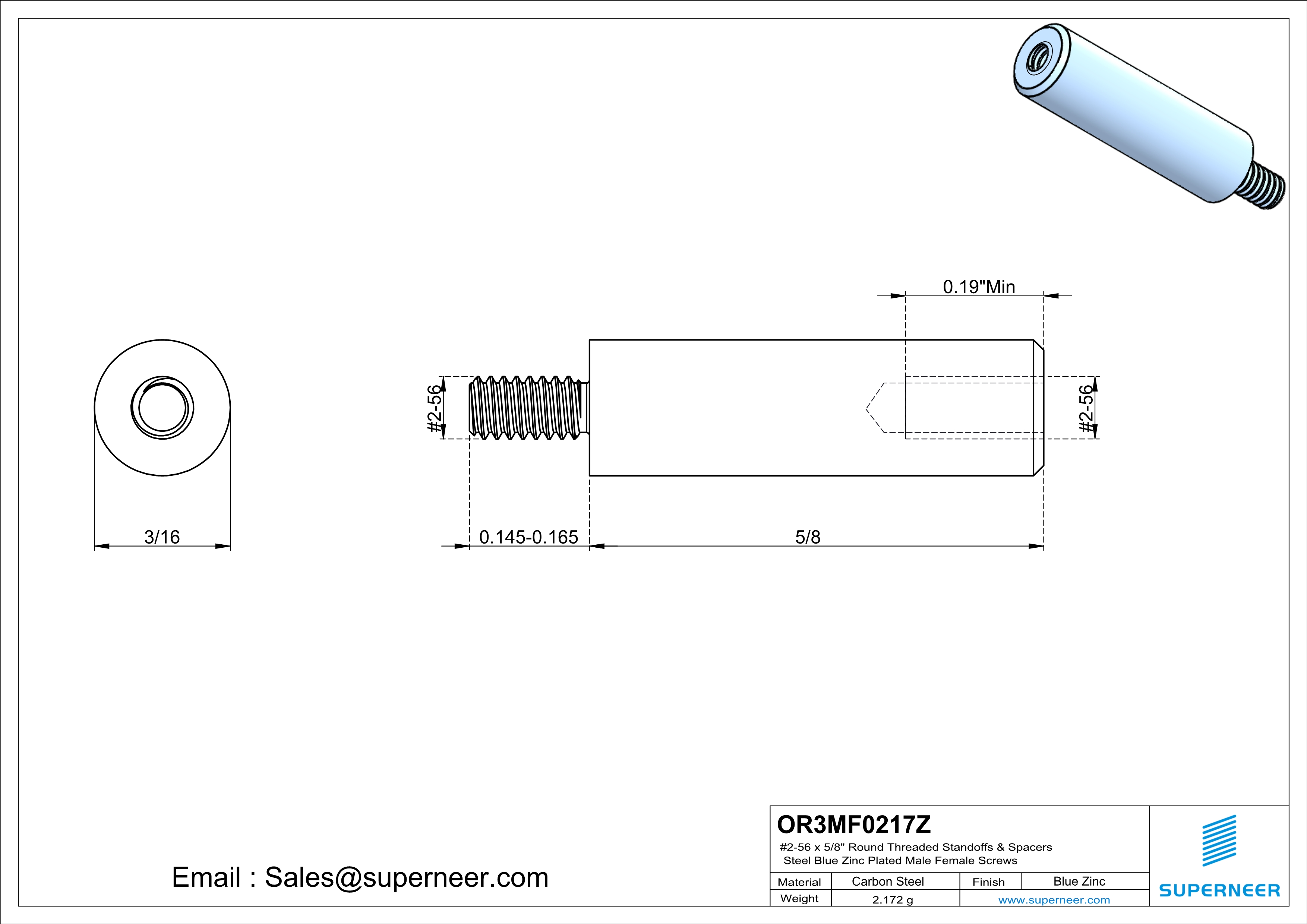 2-56 x 5/8" Round Threaded Standoffs & Spacers Steel Blue Zinc Plated Male Female Screws