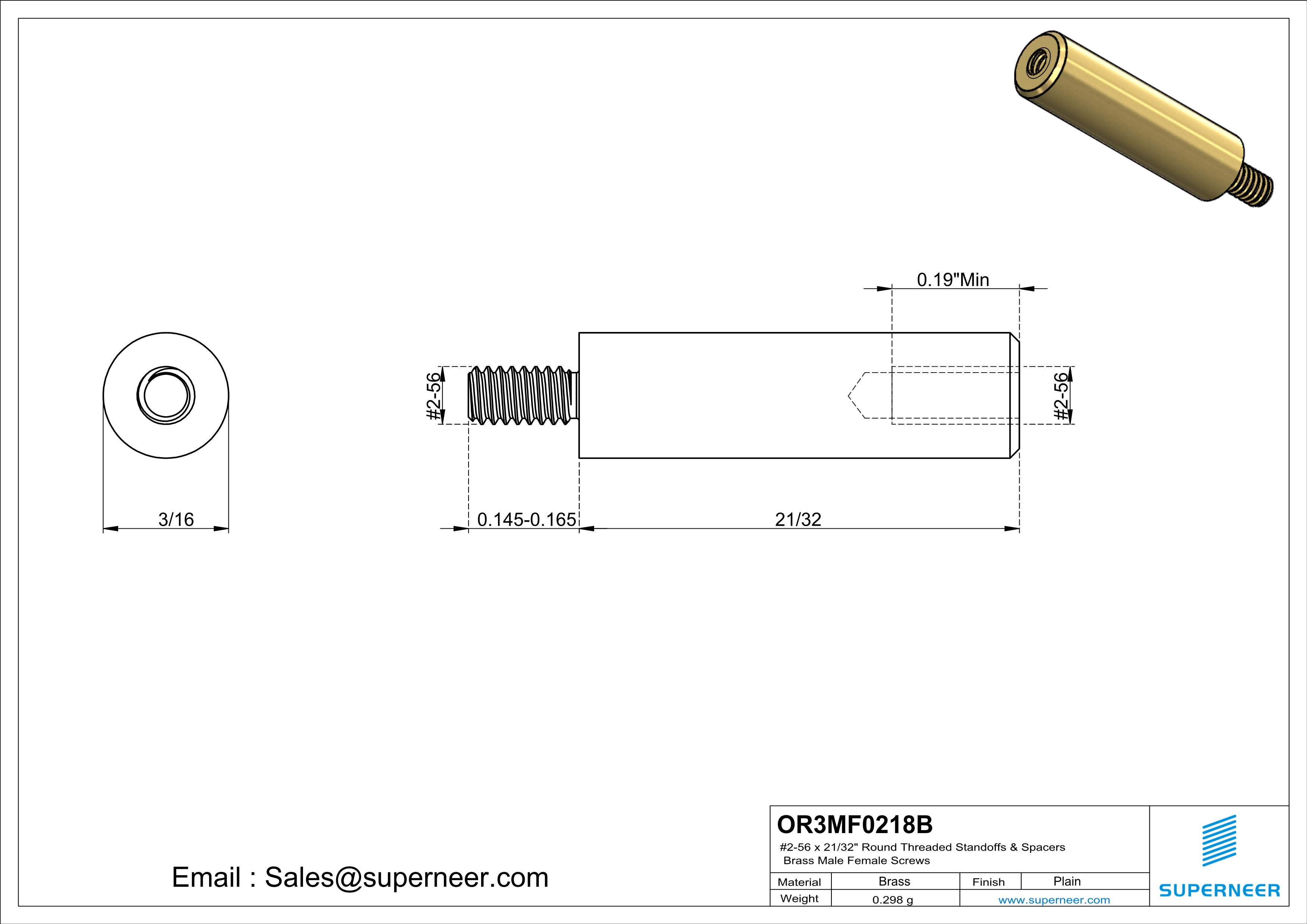 2-56 x 21/32" Round Threaded Standoffs & Spacers Brass Male Female Screws