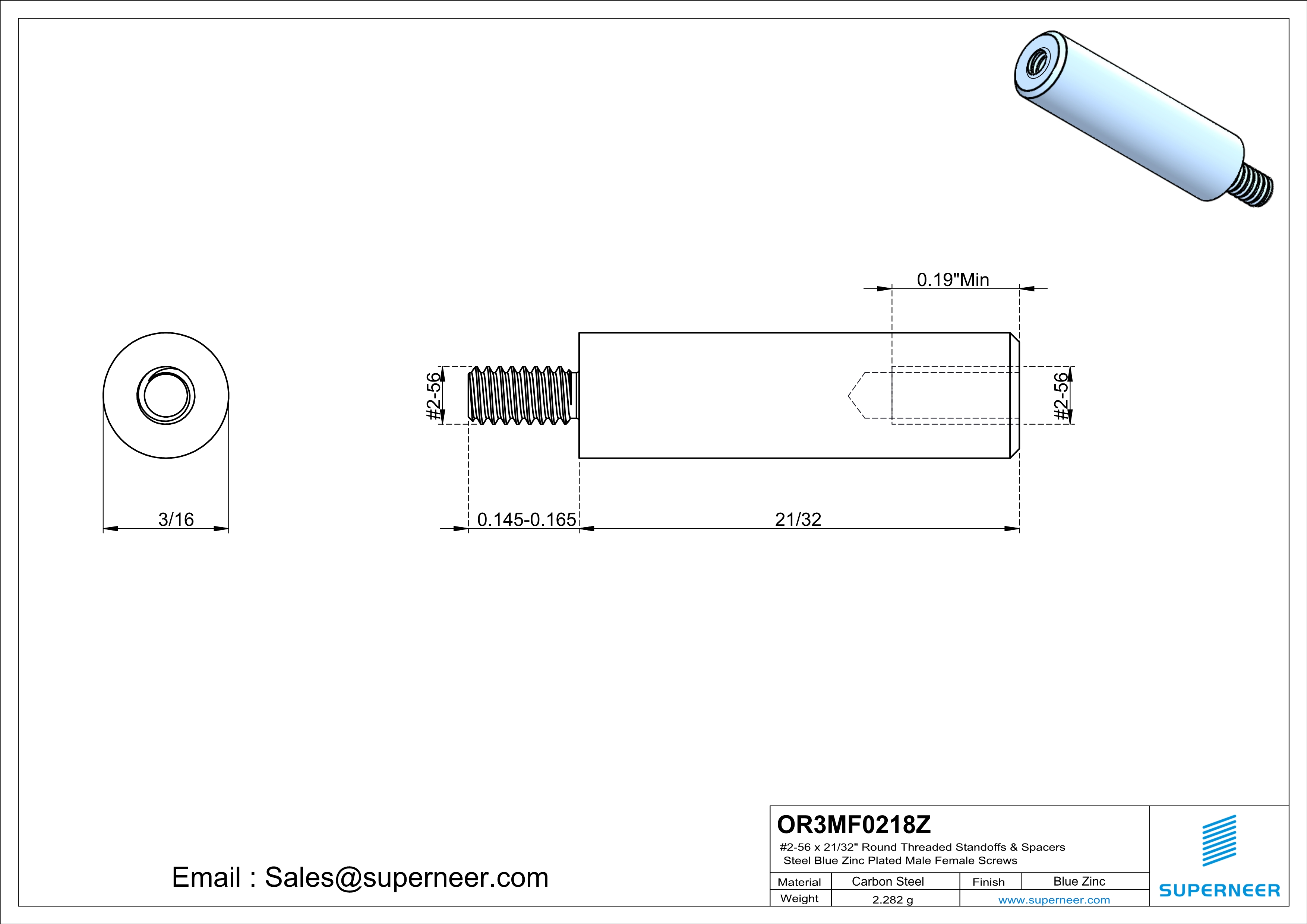 2-56 x 21/32" Round Threaded Standoffs & Spacers Steel Blue Zinc Plated Male Female Screws