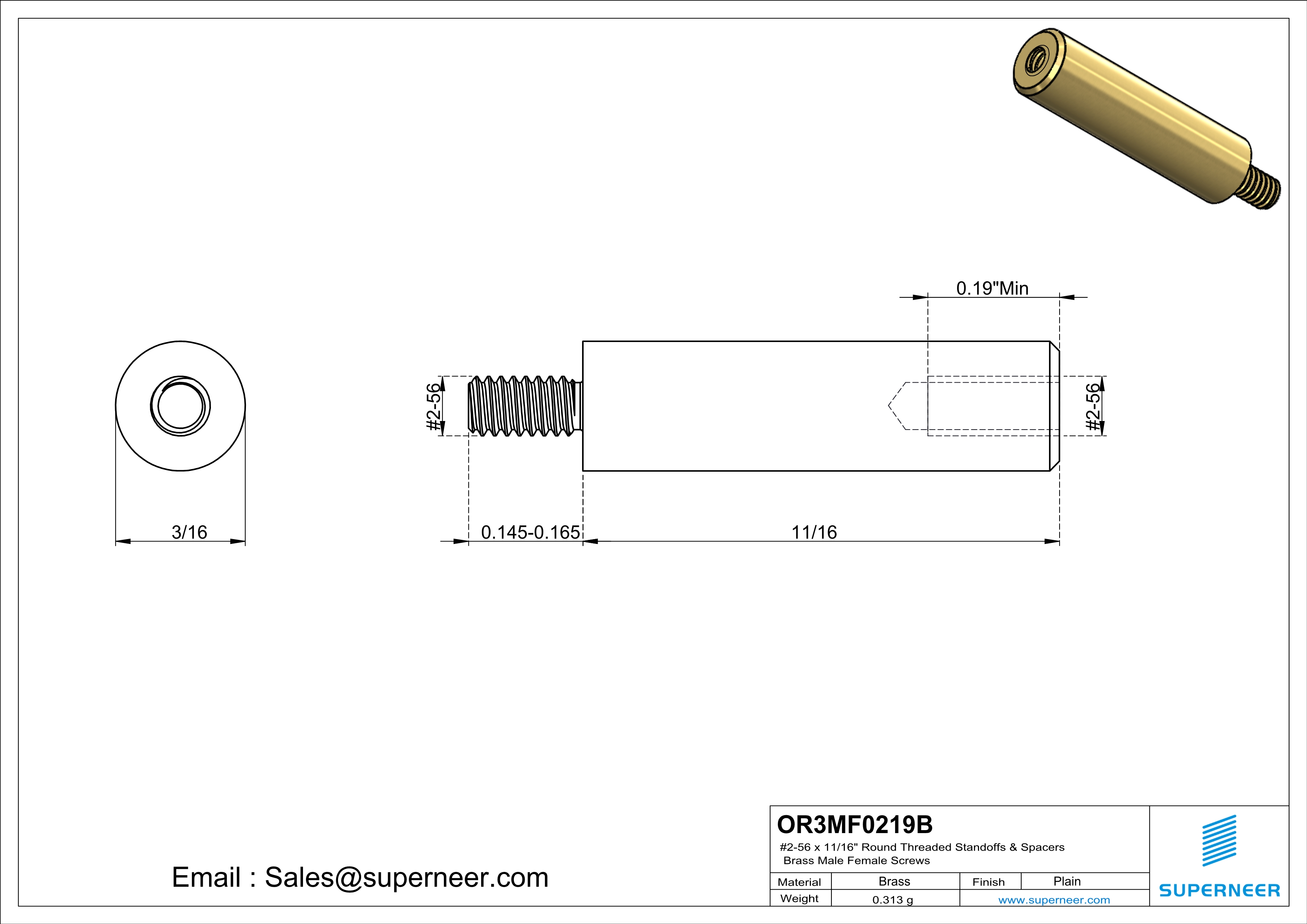 2-56 x 11/16" Round Threaded Standoffs & Spacers Brass Male Female Screws