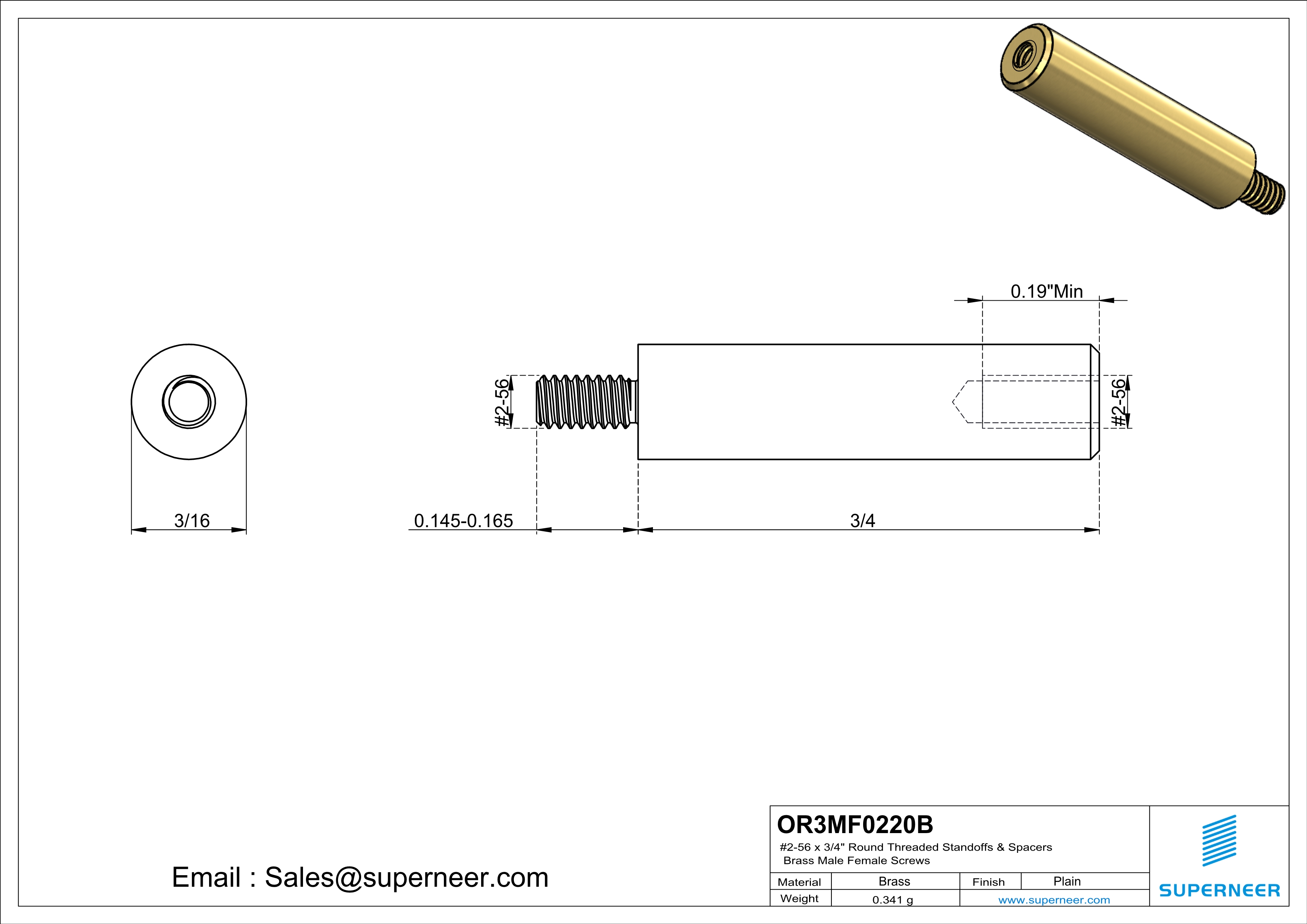 2-56 x 3/4" Round Threaded Standoffs & Spacers Brass Male Female Screws