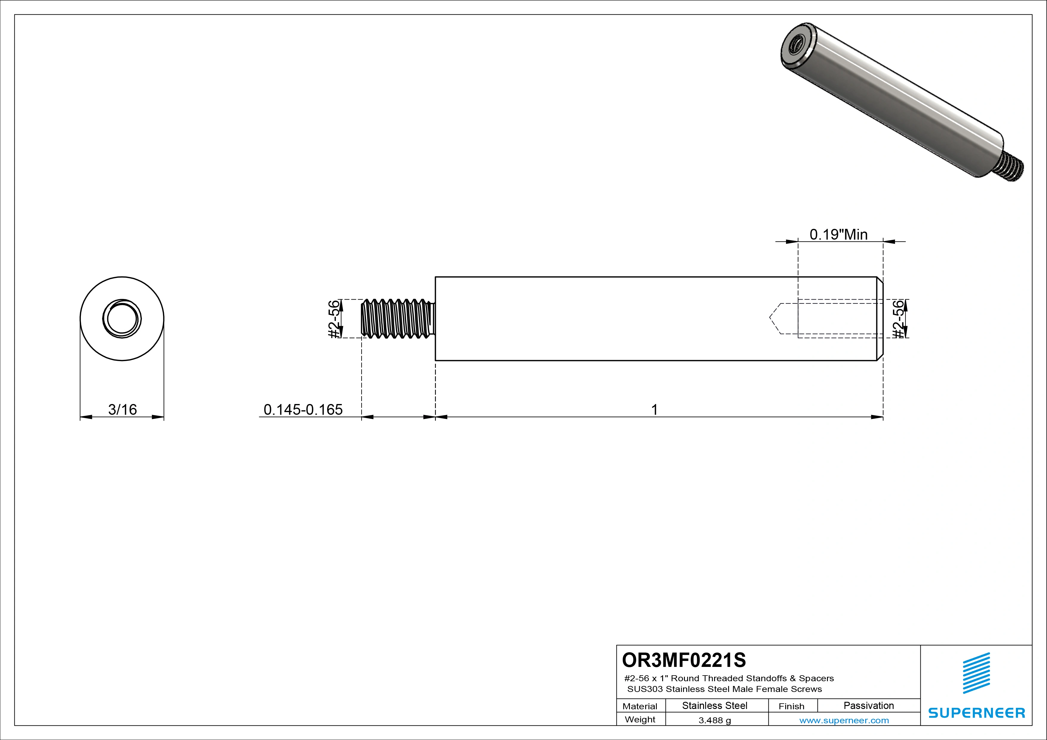 2-56 x 1" Round Threaded Standoffs & Spacers SUS303 Stainless Steel Inox Male Female Screws