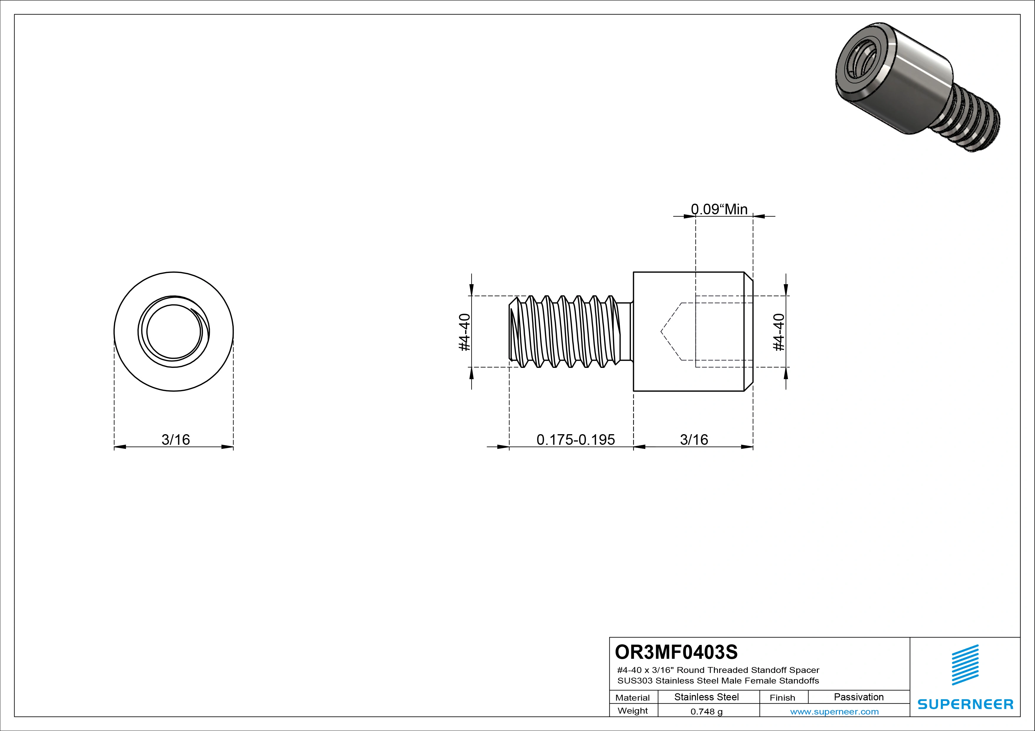 4-40 x 3/16" Round Threaded Standoff Spacer SUS303 Stainless Steel Inox Male Female Standoffs