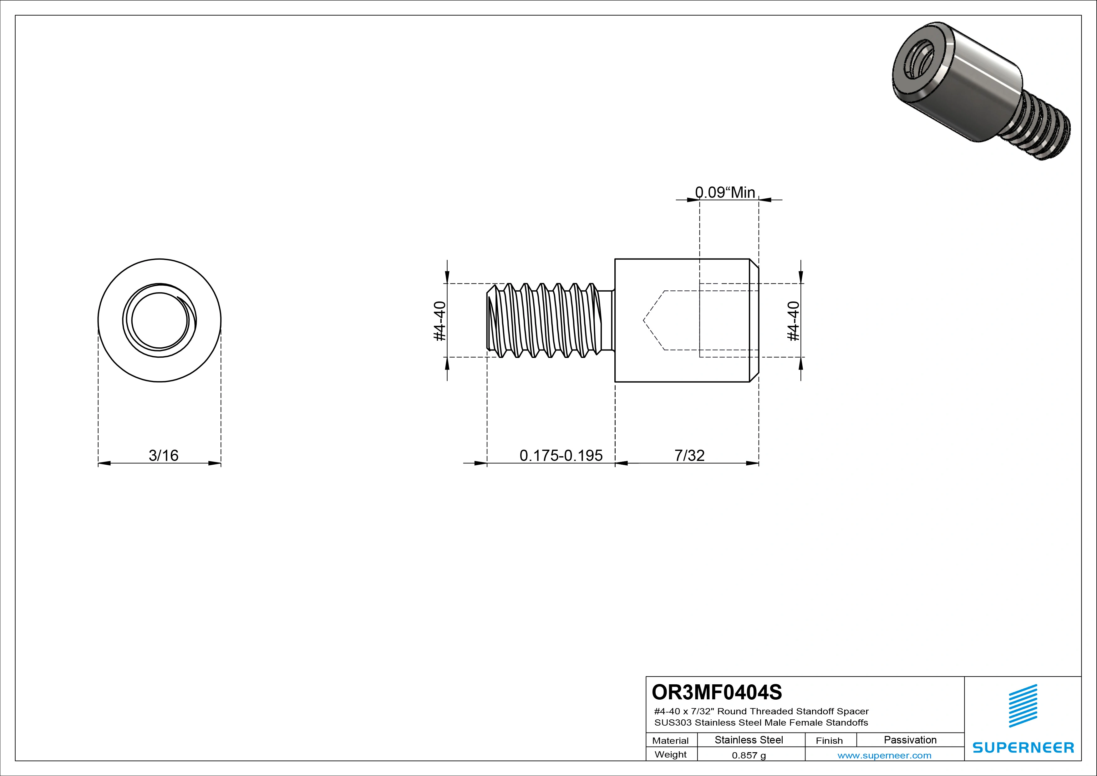 4-40 x 7/32" Round Threaded Standoff Spacer SUS303 Stainless Steel Inox Male Female Standoffs