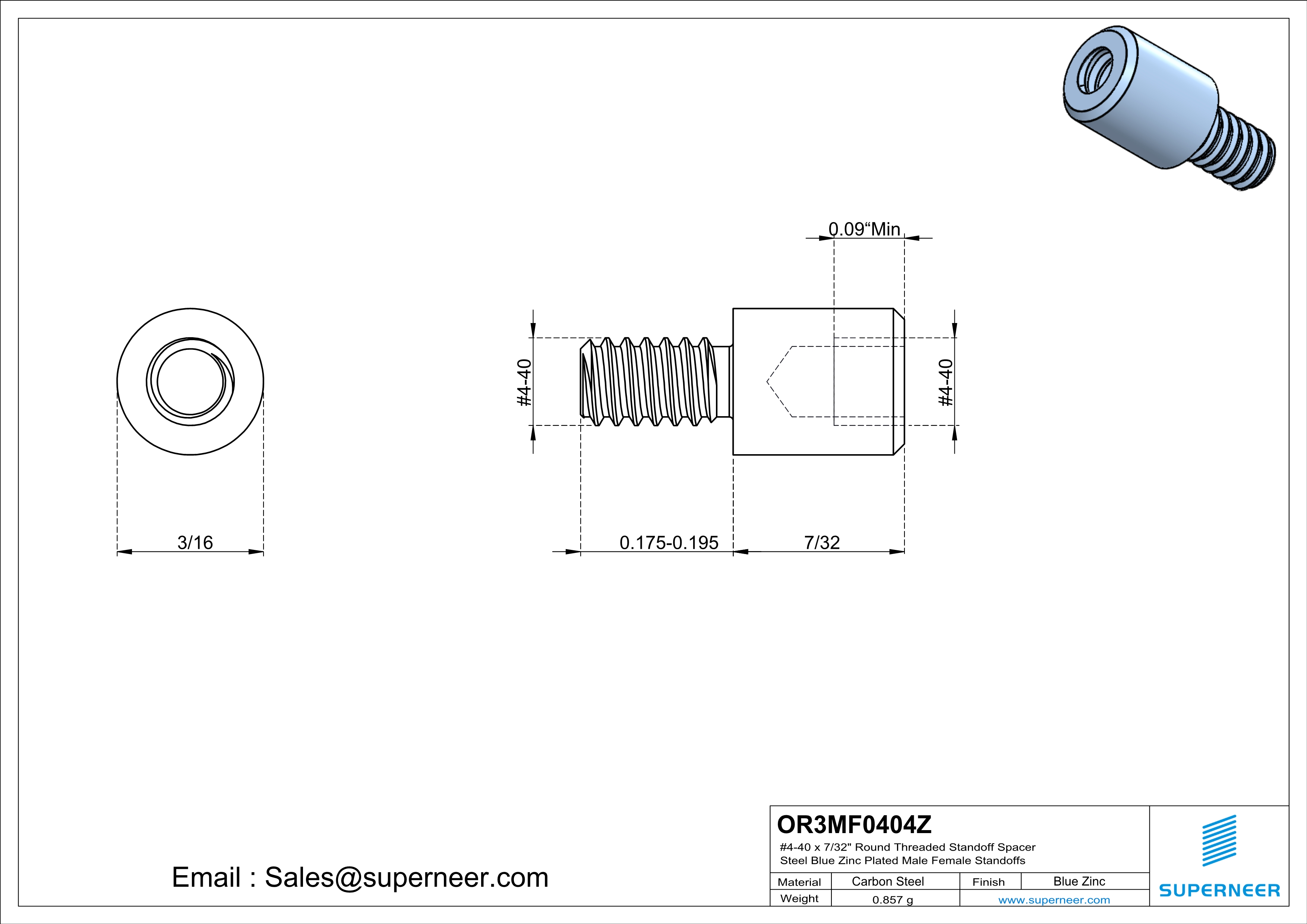 4-40 x 7/32" Round Threaded Standoff Spacer Steel Blue Zinc Plated Male Female Standoffs