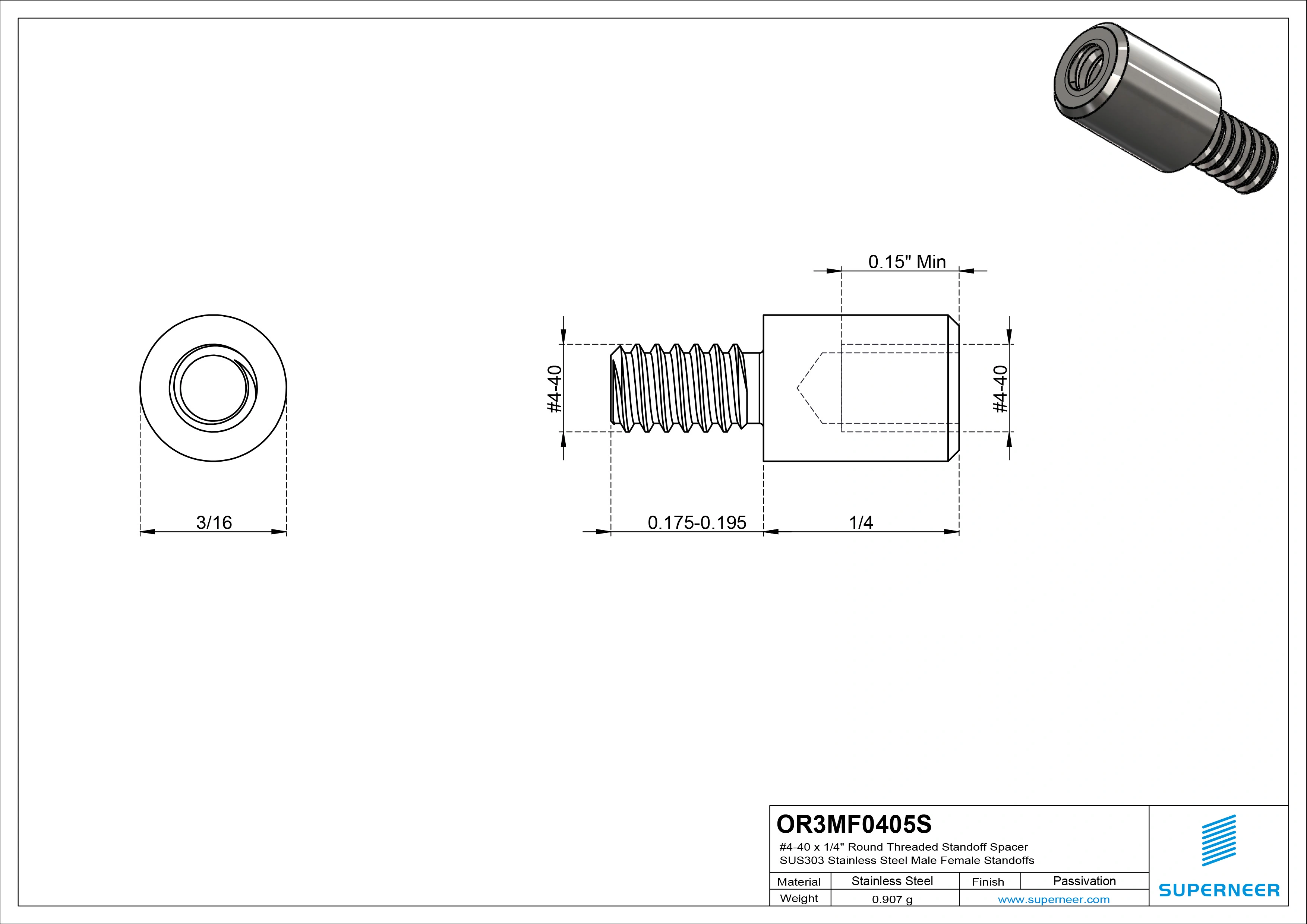 4-40 x 1/4" Round Threaded Standoff Spacer SUS303 Stainless Steel Inox Male Female Standoffs