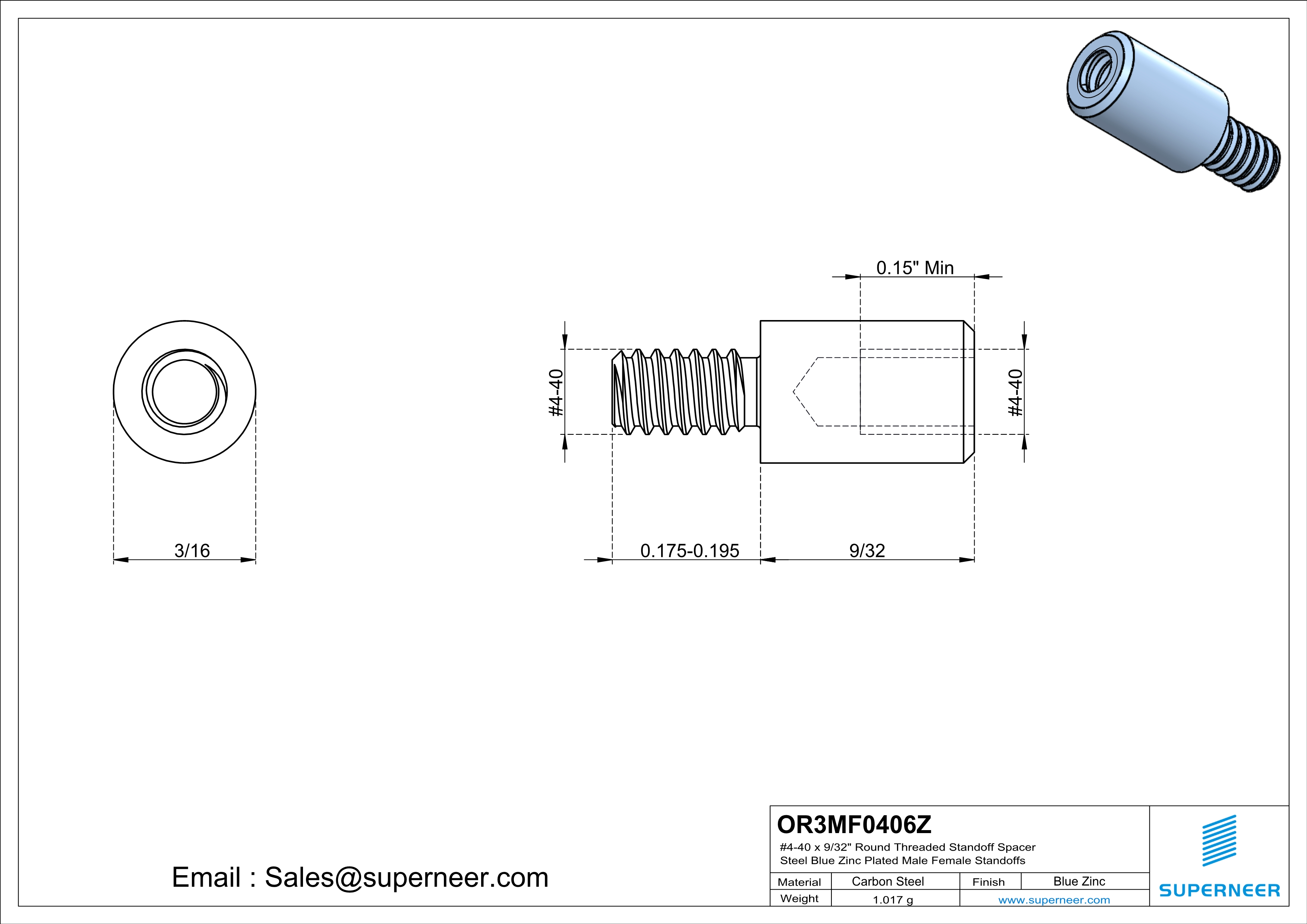 4-40 x 9/32" Round Threaded Standoff Spacer Steel Blue Zinc Plated Male Female Standoffs