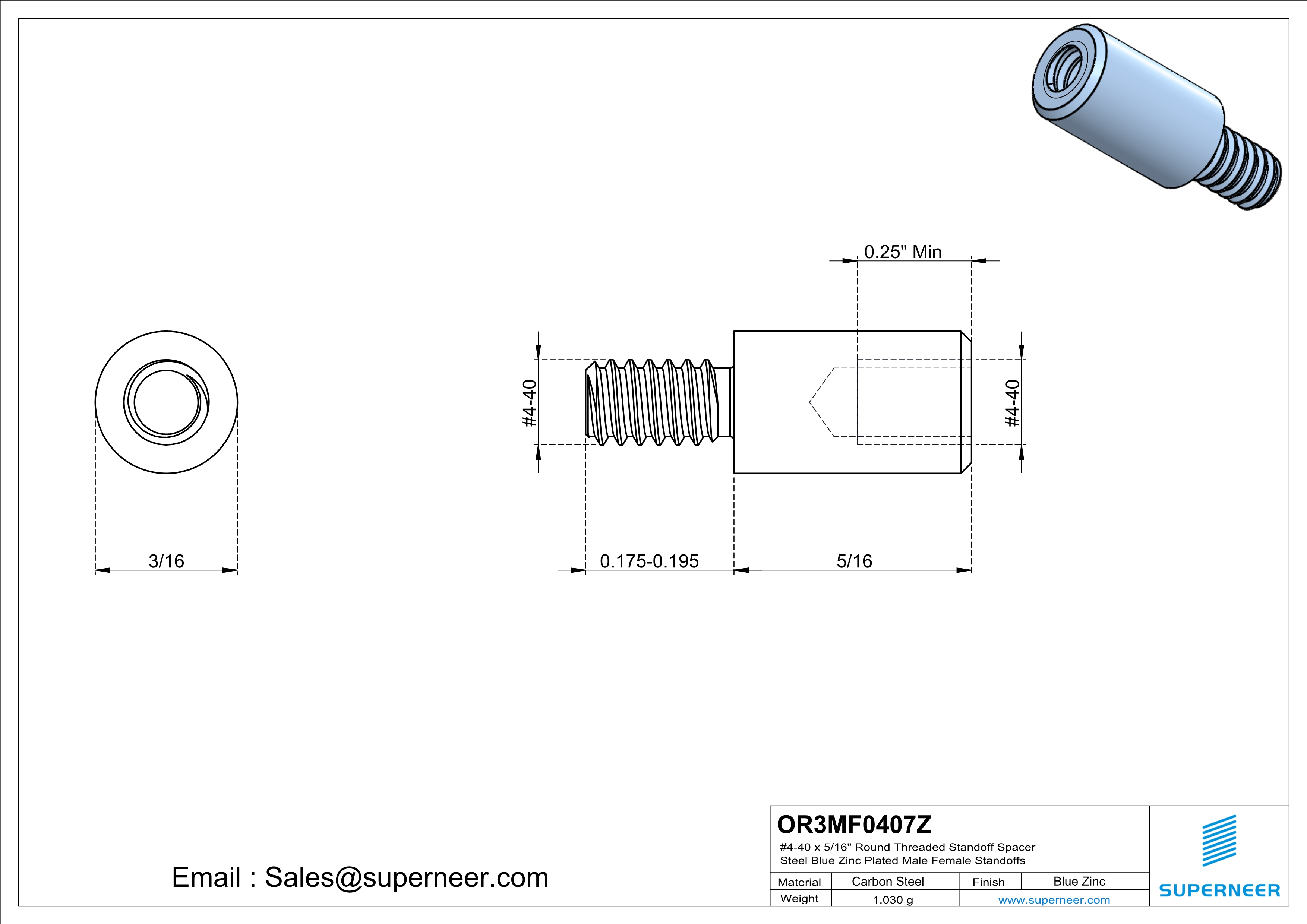 4-40 x 5/16" Round Threaded Standoff Spacer Steel Blue Zinc Plated Male Female Standoffs