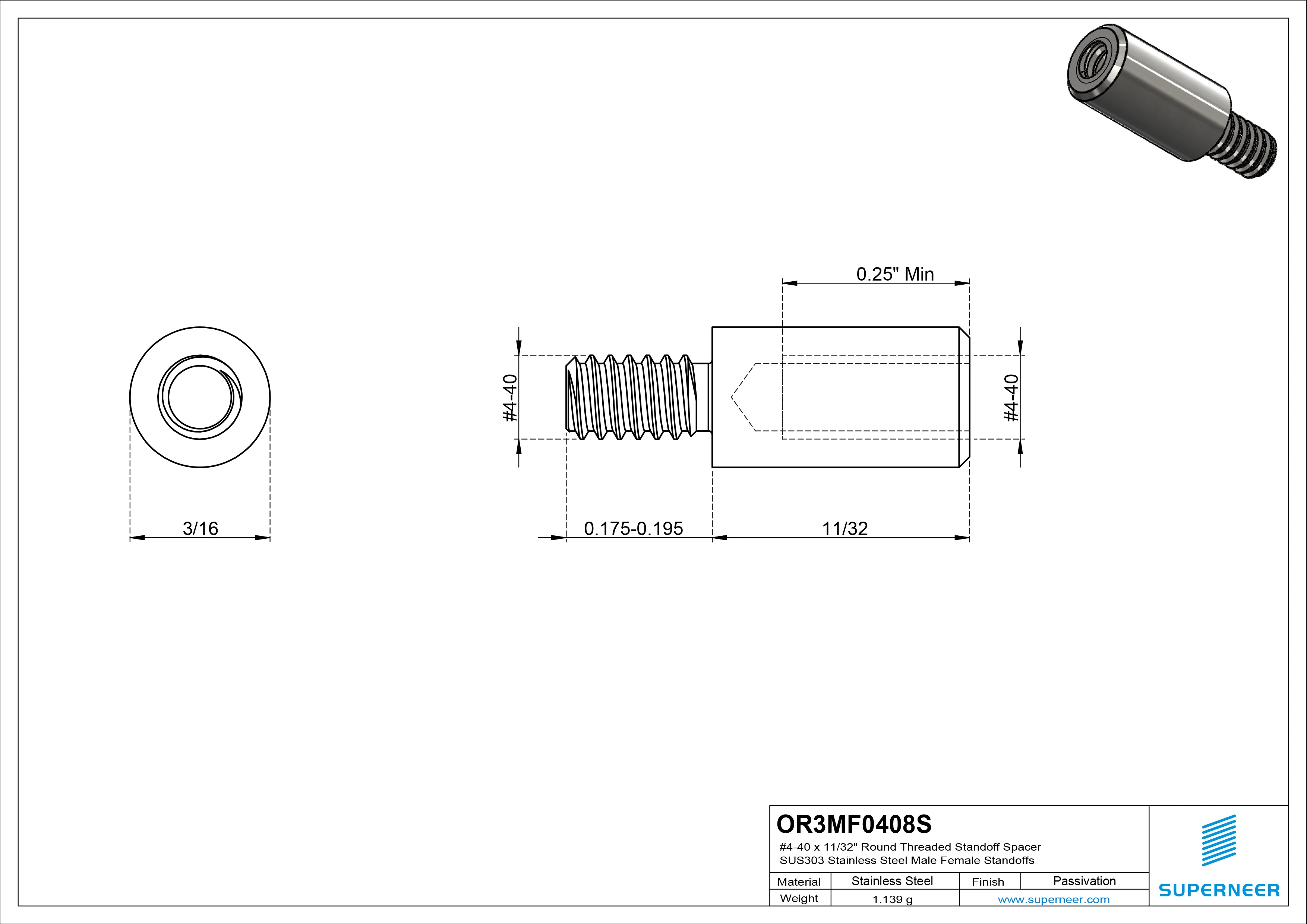 4-40 x 11/32" Round Threaded Standoff Spacer SUS303 Stainless Steel Inox Male Female Standoffs