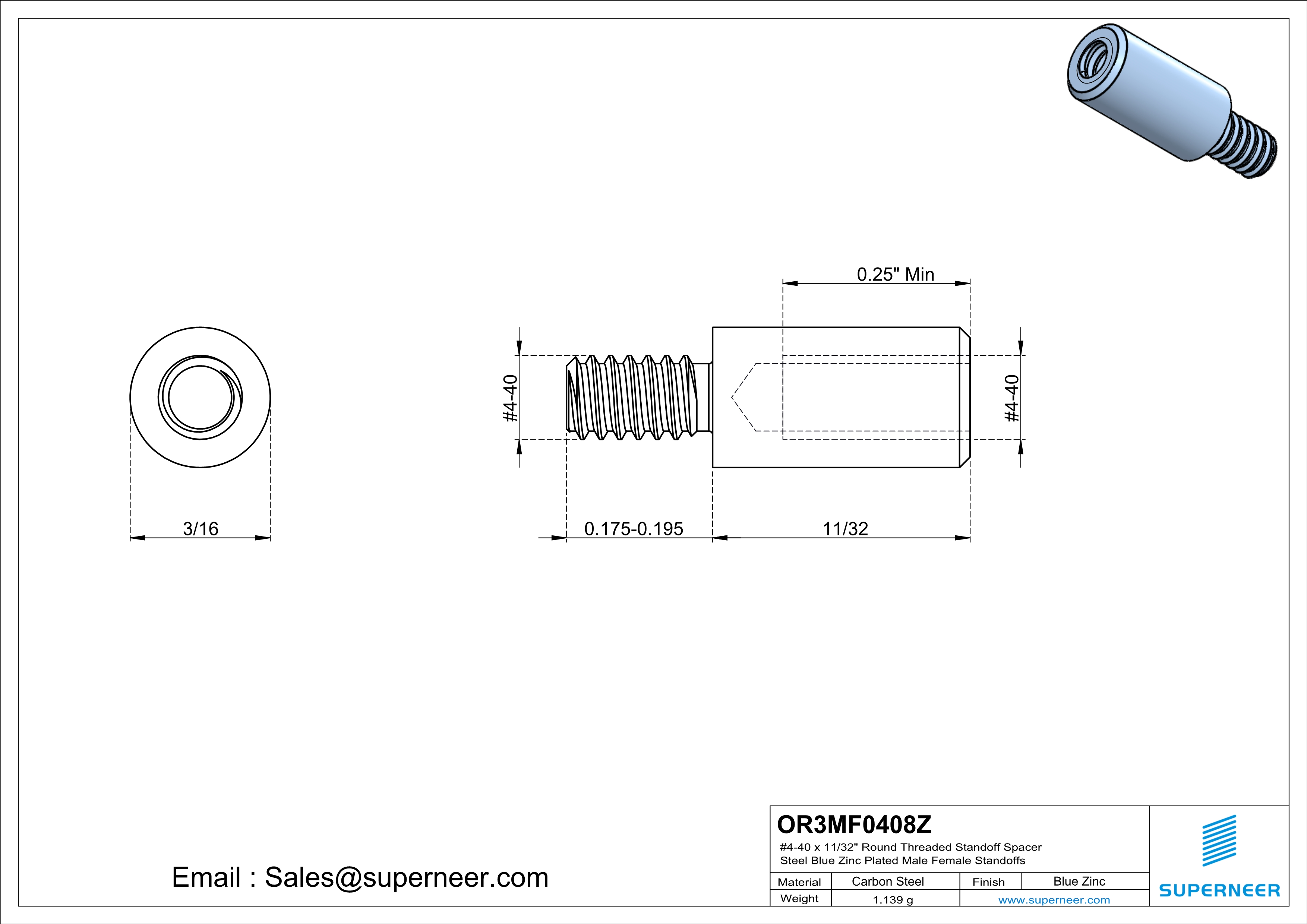 4-40 x 11/32" Round Threaded Standoff Spacer Steel Blue Zinc Plated Male Female Standoffs