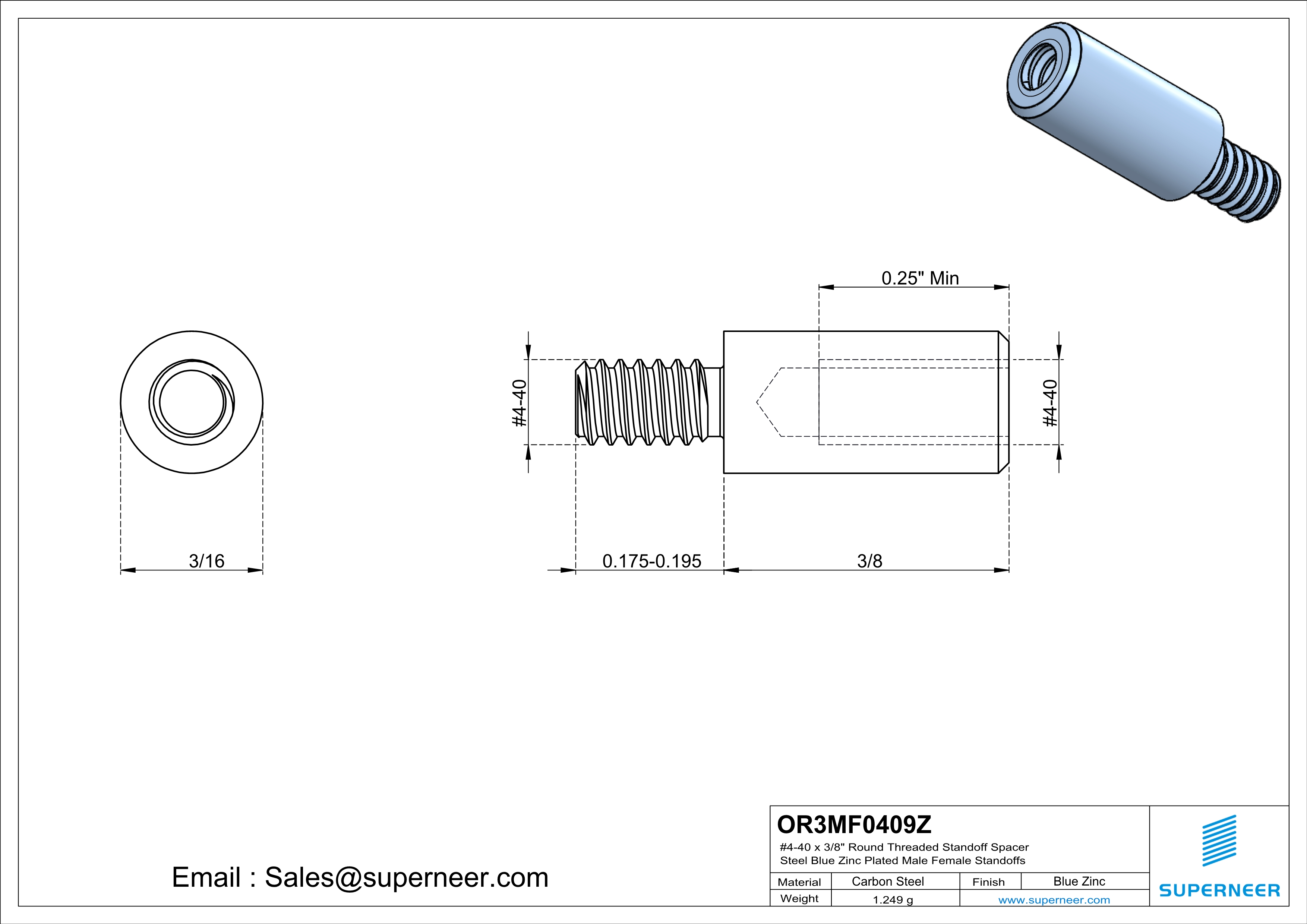 4-40 x 3/8" Round Threaded Standoff Spacer Steel Blue Zinc Plated Male Female Standoffs