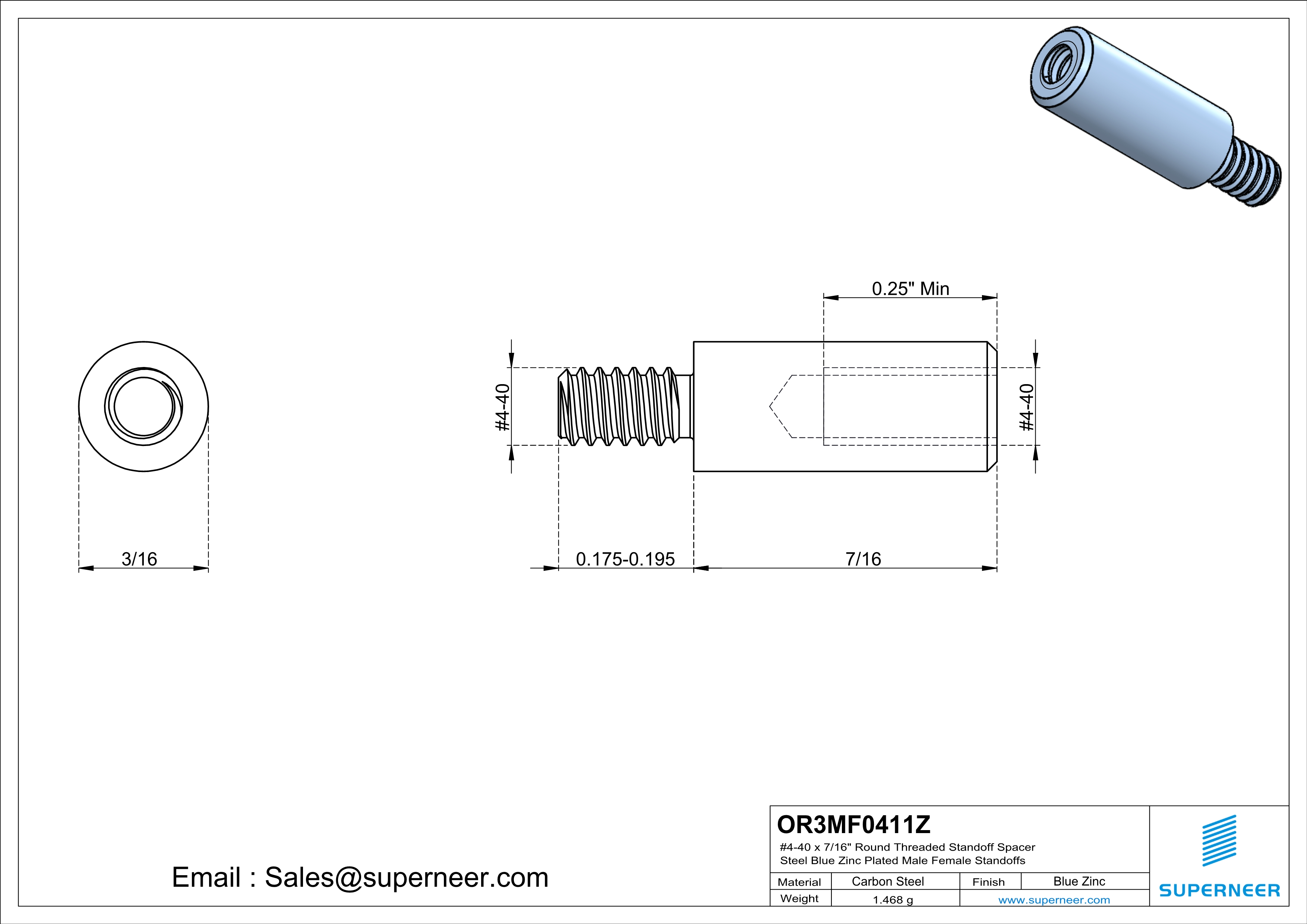 4-40 x 7/16" Round Threaded Standoff Spacer Steel Blue Zinc Plated Male Female Standoffs