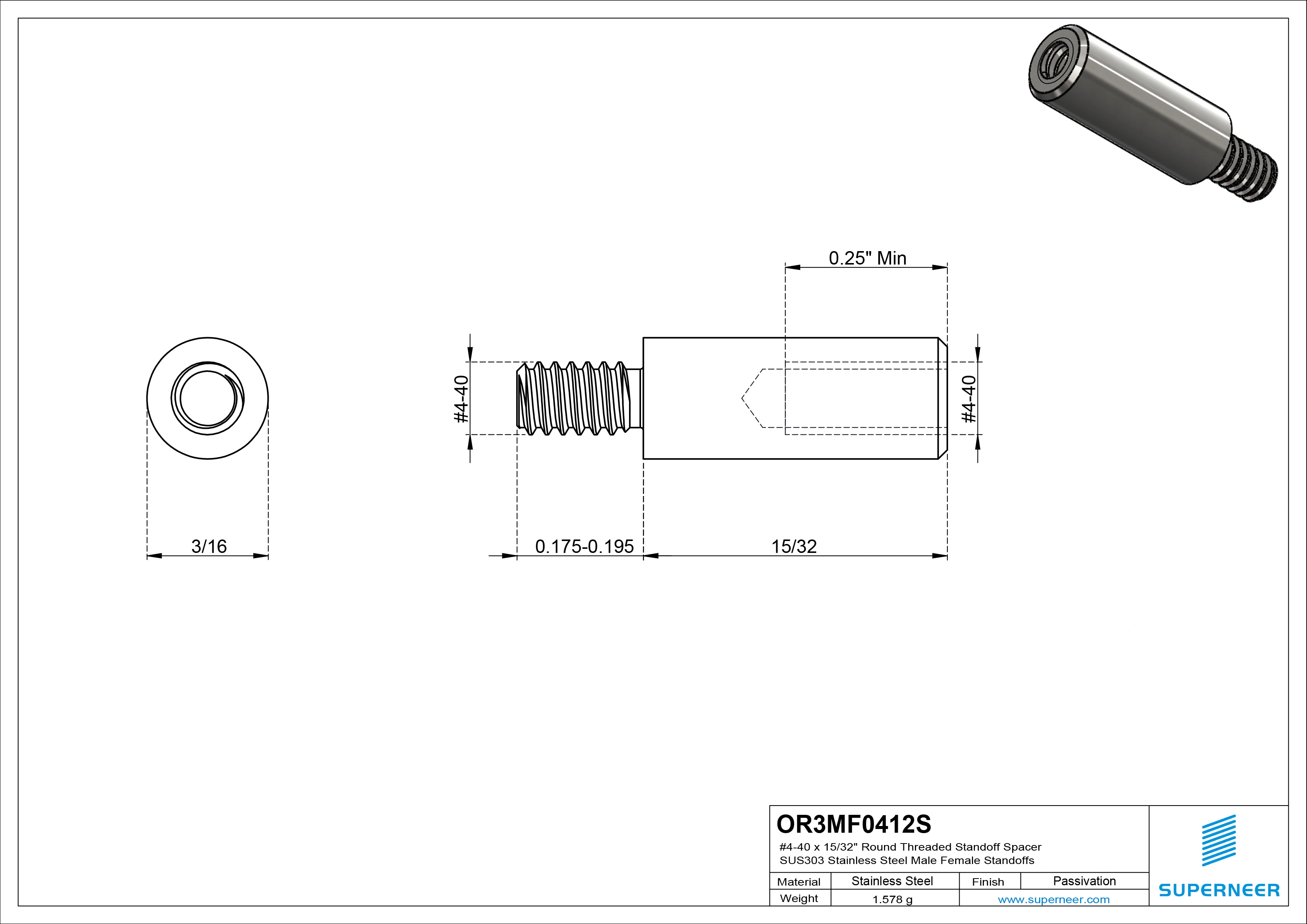 4-40 x 15/32" Round Threaded Standoff Spacer SUS303 Stainless Steel Inox Male Female Standoffs