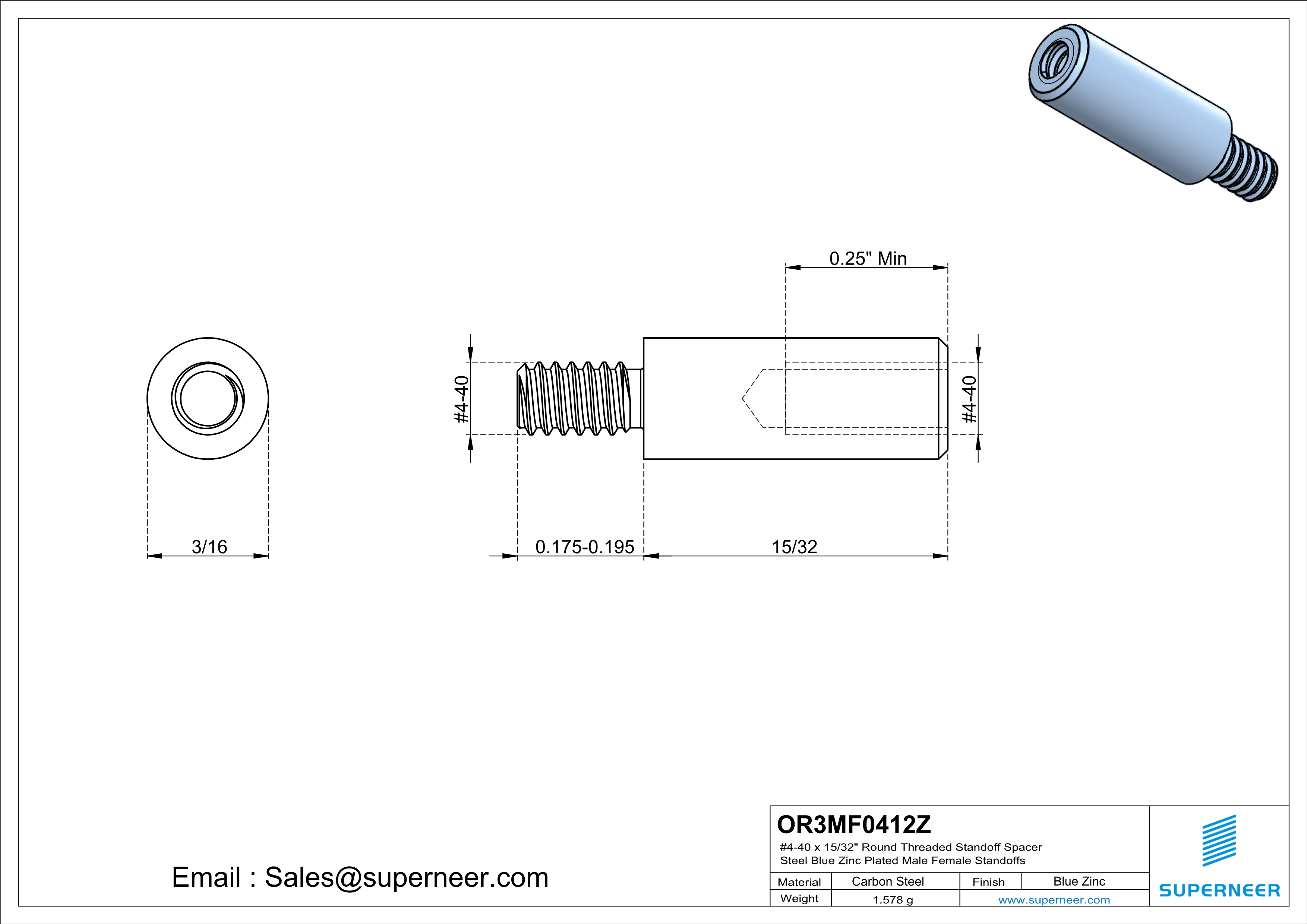 4-40 x 15/32" Round Threaded Standoff Spacer Steel Blue Zinc Plated Male Female Standoffs