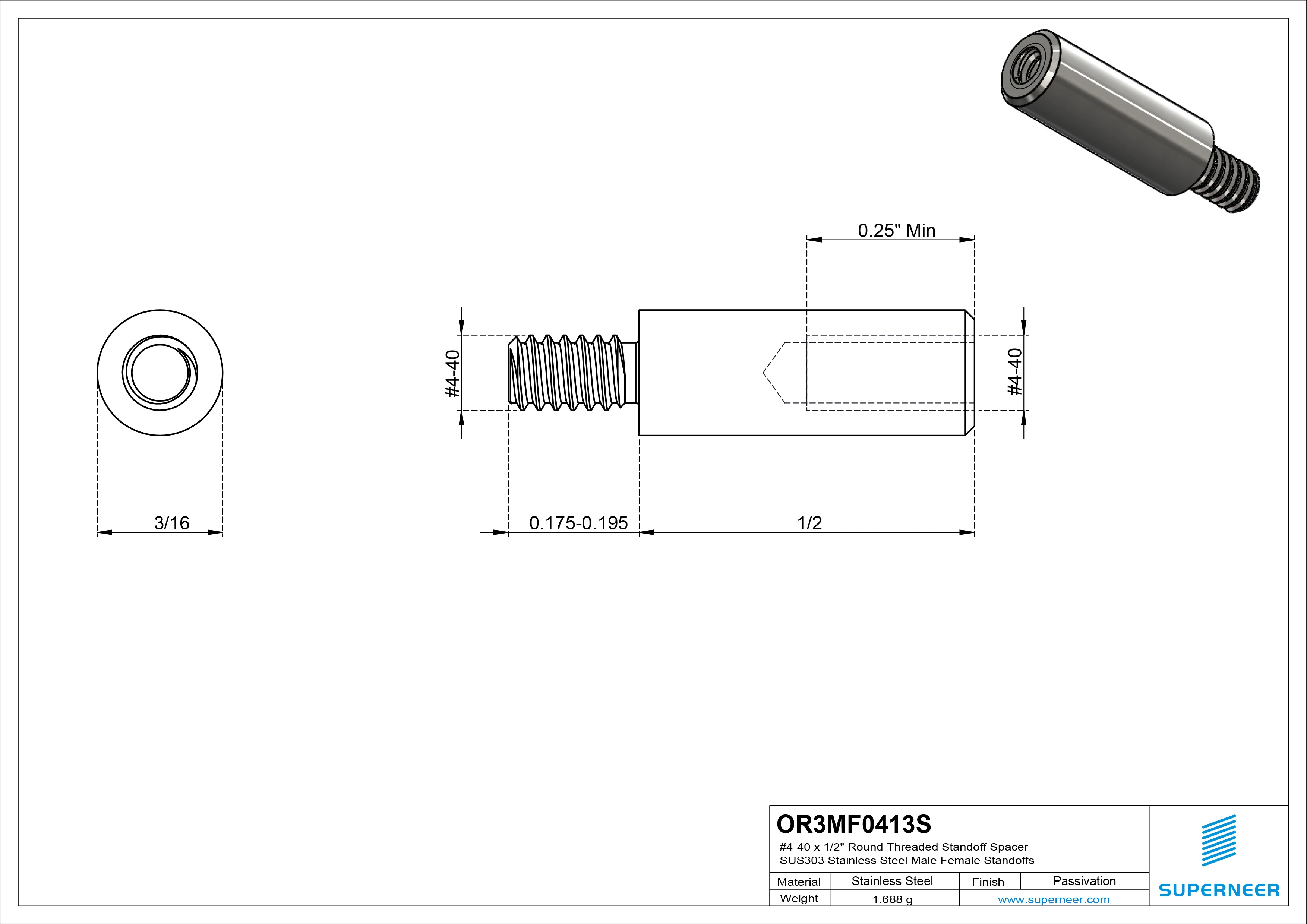 4-40 x 1/2" Round Threaded Standoff Spacer SUS303 Stainless Steel Inox Male Female Standoffs