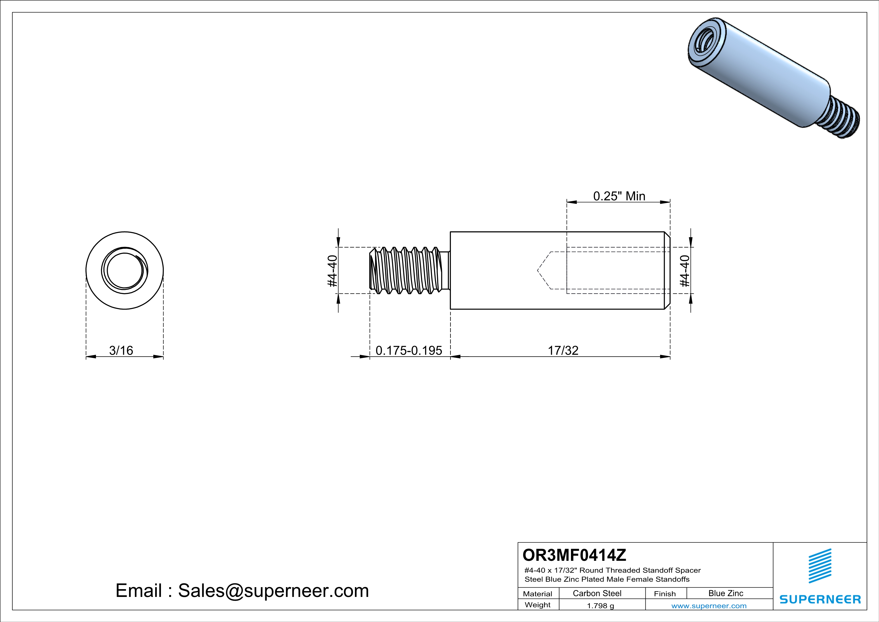 4-40 x 17/32" Round Threaded Standoff Spacer Steel Blue Zinc Plated Male Female Standoffs