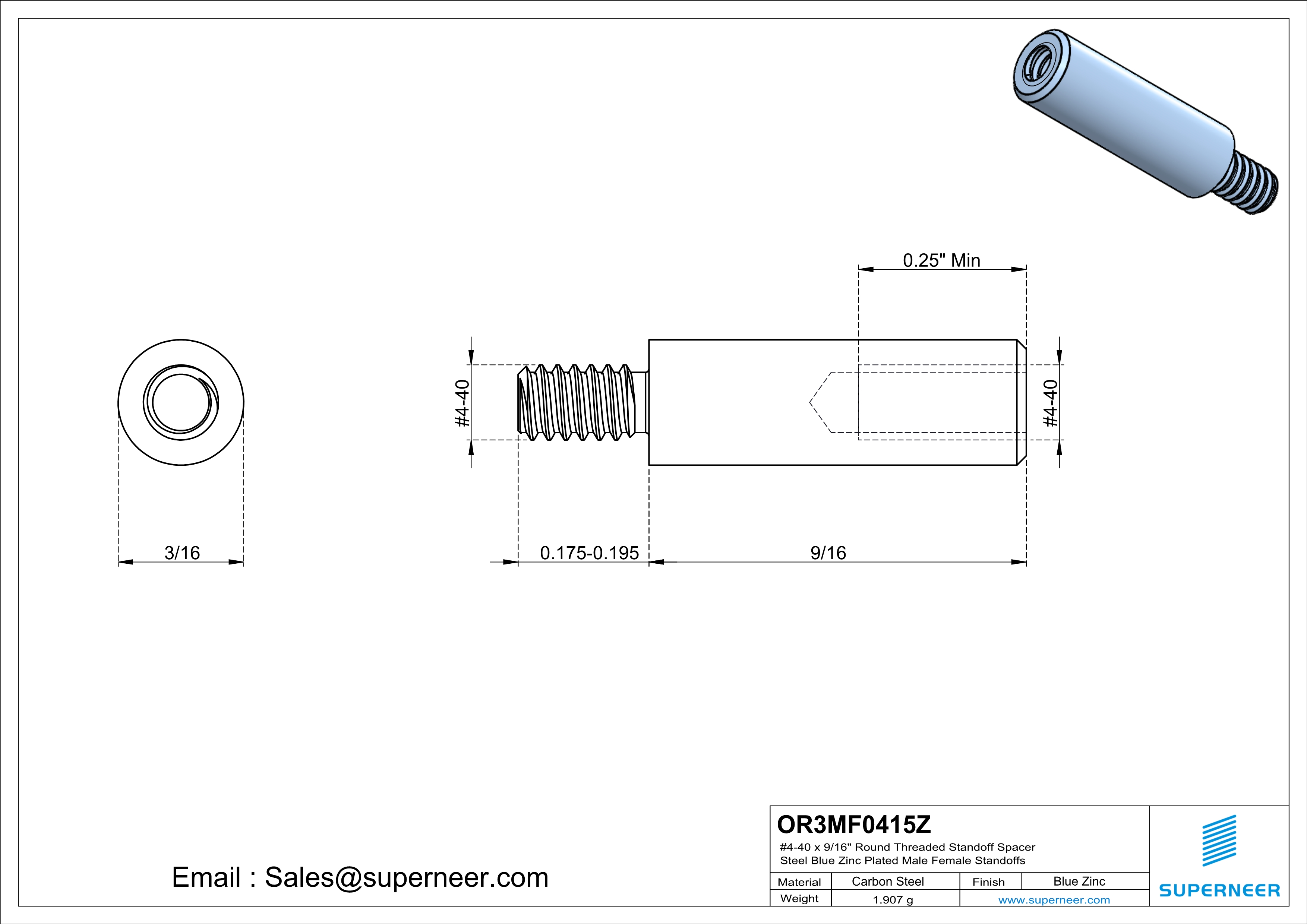 4-40 x 9/16" Round Threaded Standoff Spacer Steel Blue Zinc Plated Male Female Standoffs