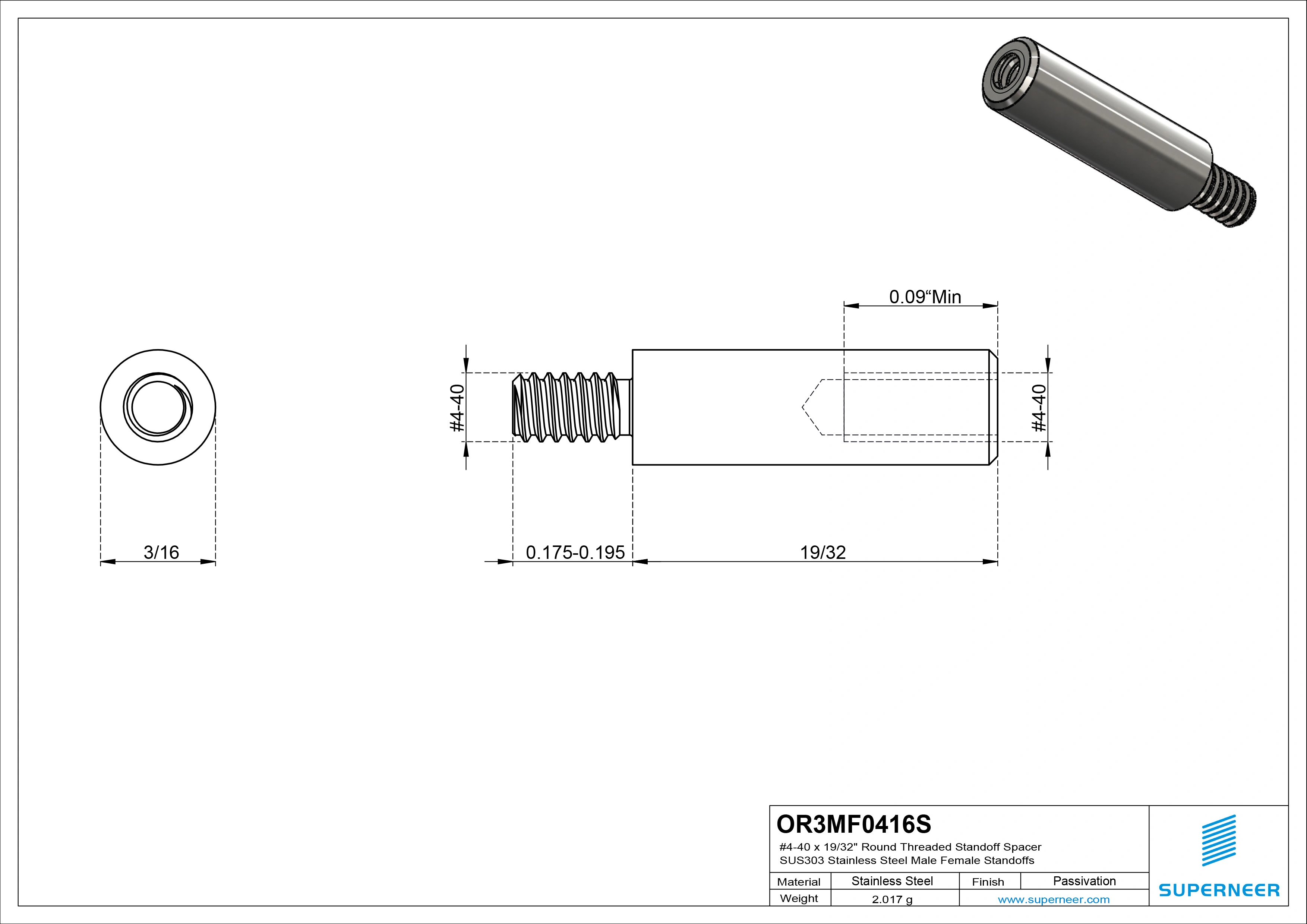 4-40 x 19/32" Round Threaded Standoff Spacer SUS303 Stainless Steel Inox Male Female Standoffs