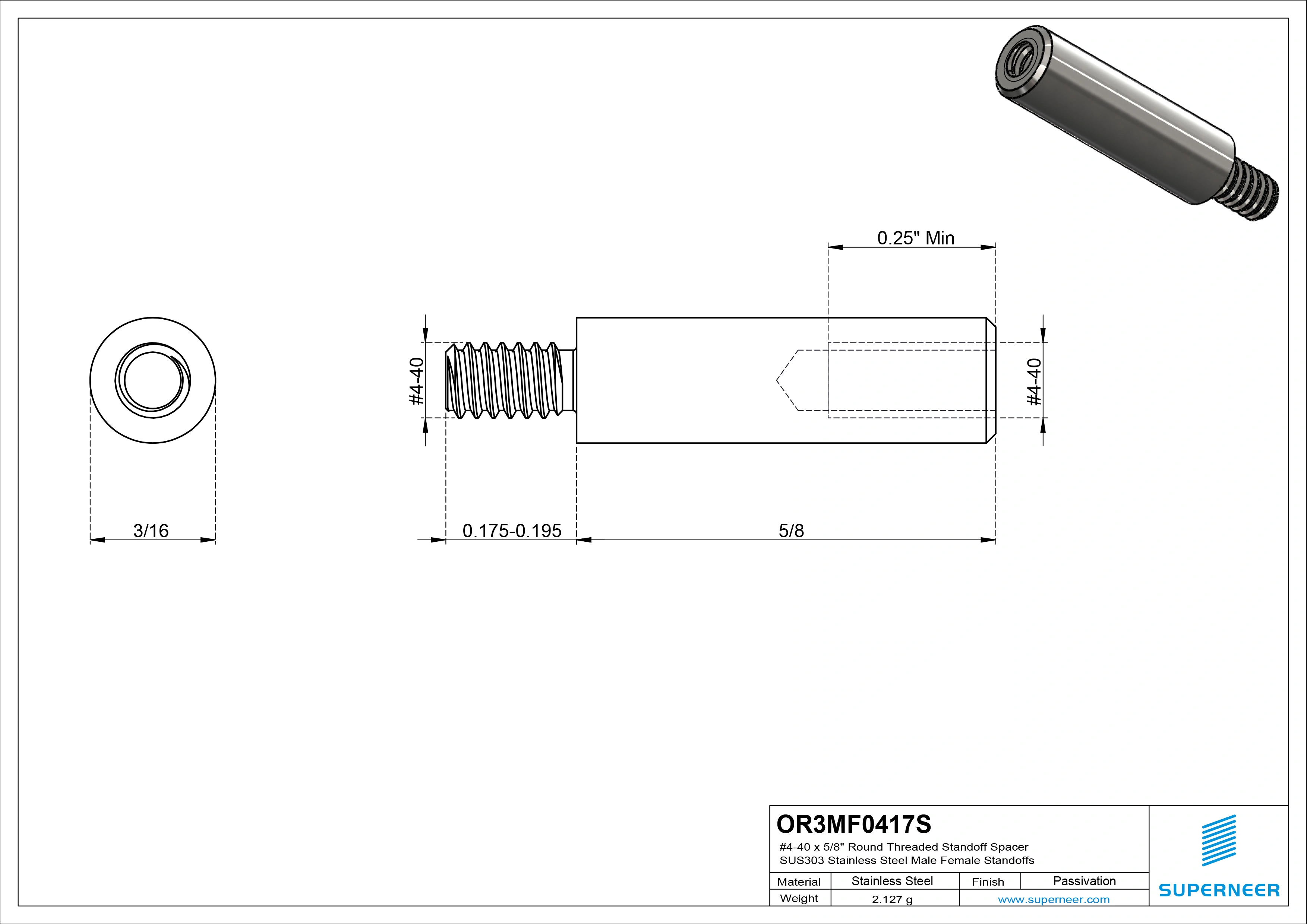 4-40 x 5/8" Round Threaded Standoff Spacer SUS303 Stainless Steel Inox Male Female Standoffs