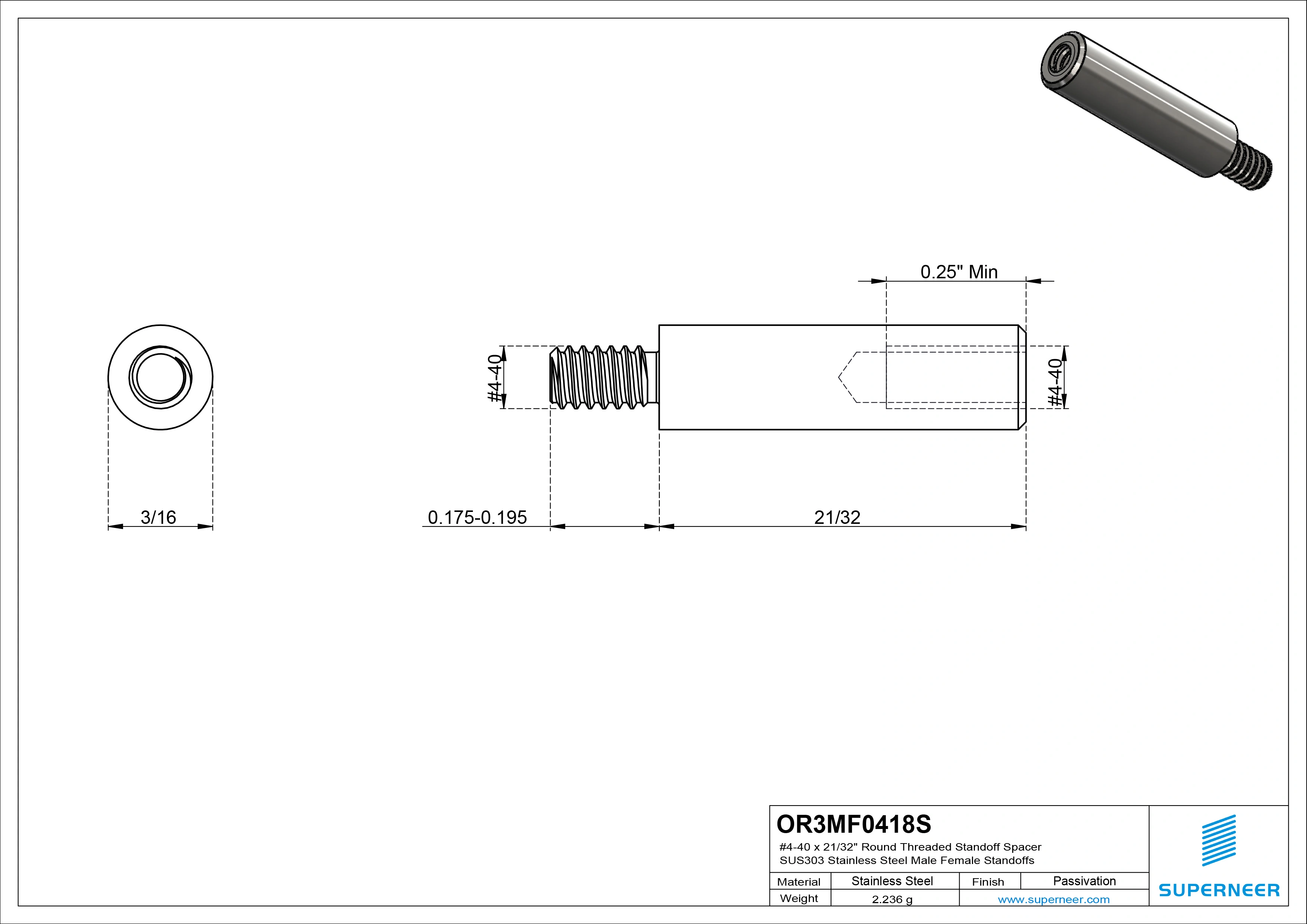 4-40 x 21/32" Round Threaded Standoff Spacer SUS303 Stainless Steel Inox Male Female Standoffs