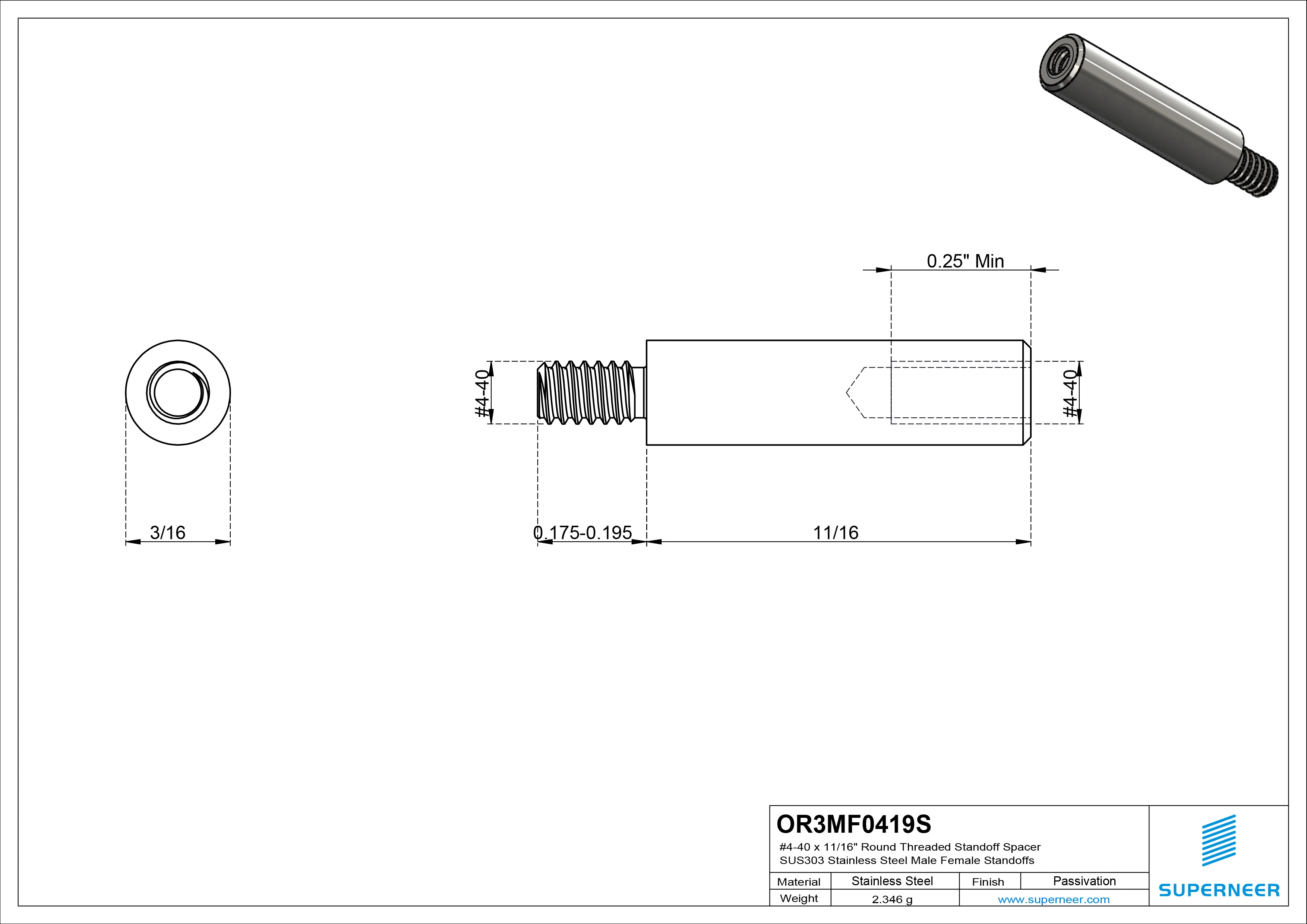 4-40 x 11/16" Round Threaded Standoff Spacer SUS303 Stainless Steel Inox Male Female Standoffs