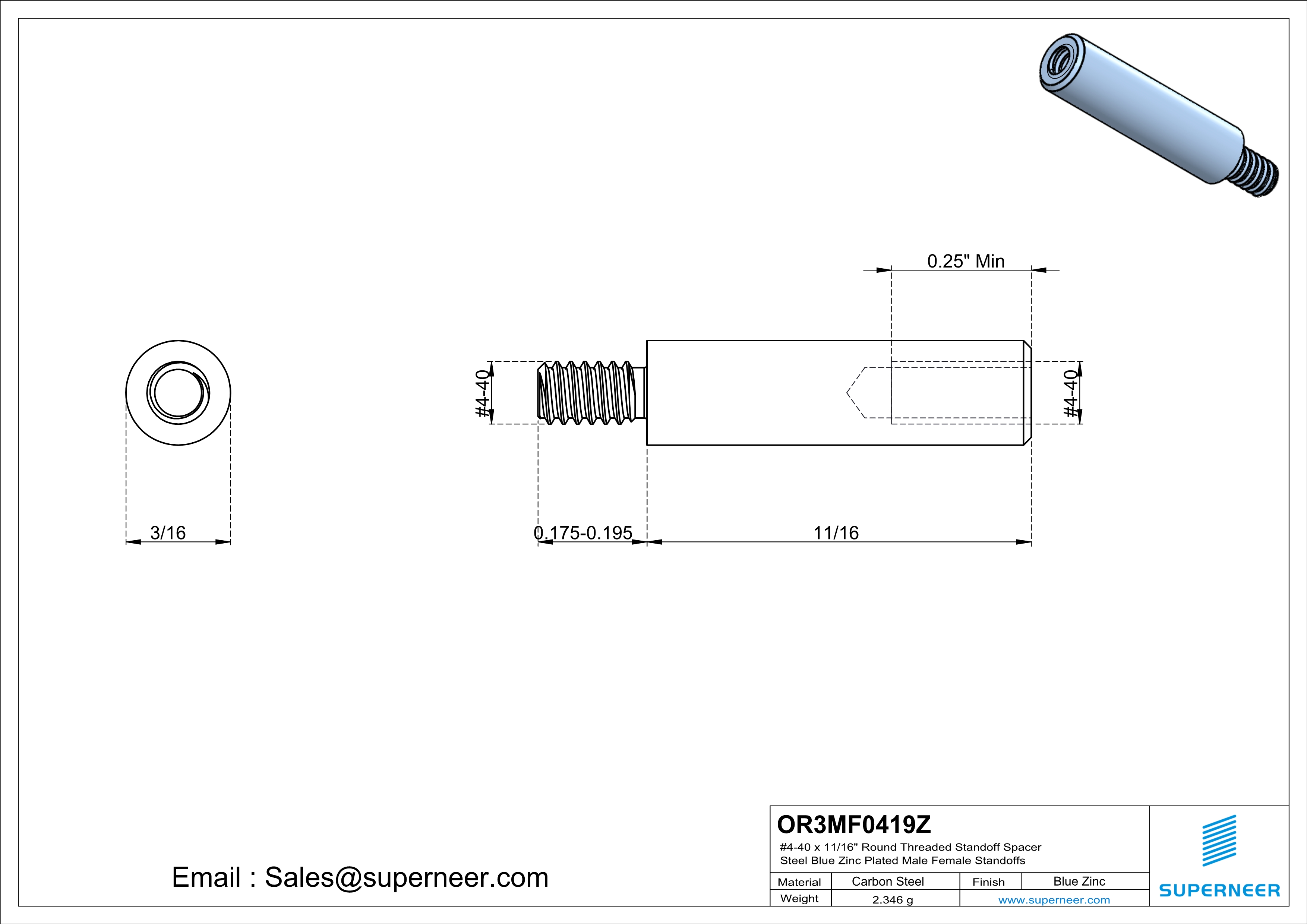 4-40 x 11/16" Round Threaded Standoff Spacer Steel Blue Zinc Plated Male Female Standoffs