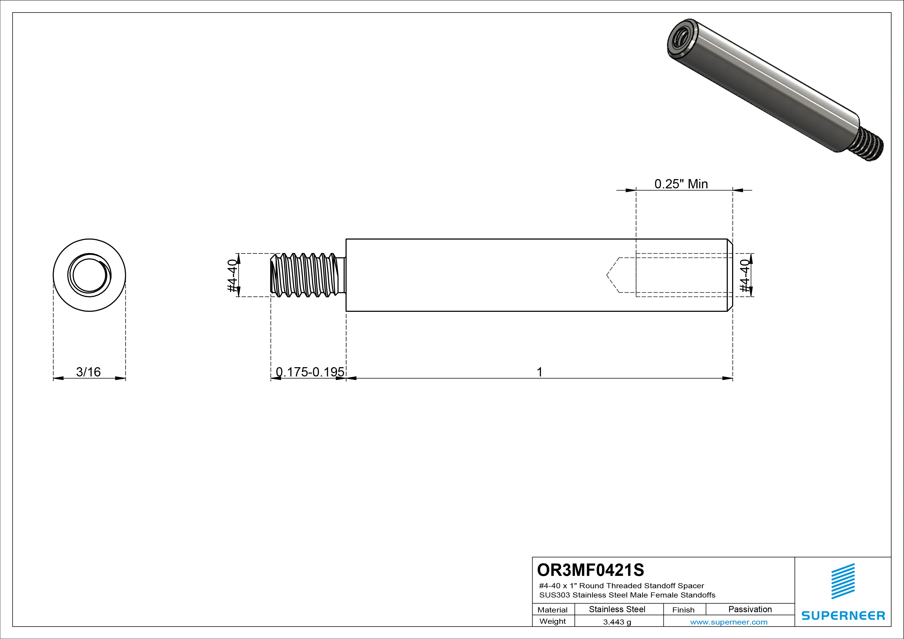 4-40 x 1" Round Threaded Standoff Spacer SUS303 Stainless Steel Inox Male Female Standoffs