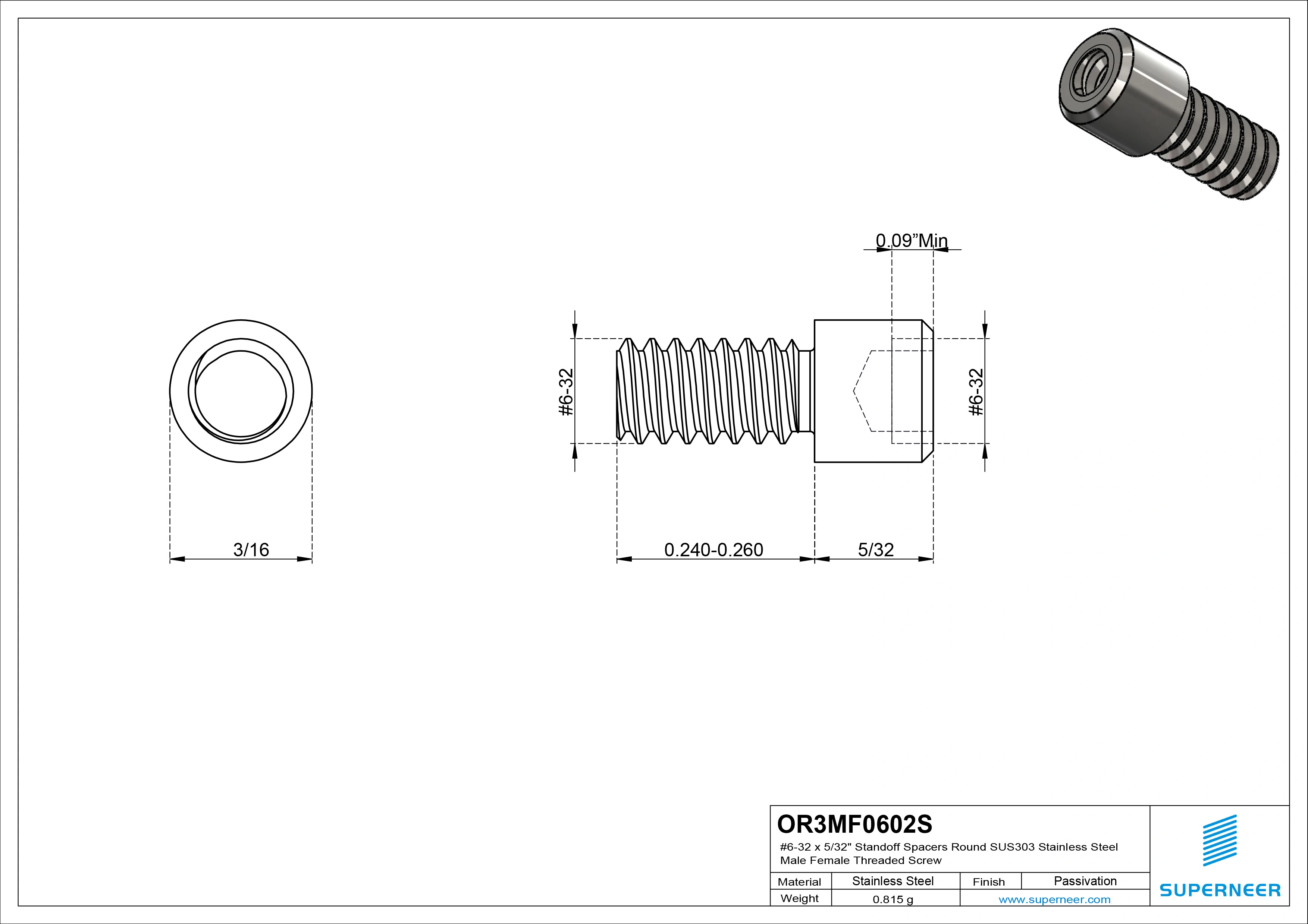 6-32 x 5/32" Standoff Spacers Round SUS303 Stainless Steel Inox Male Female Threaded Screw