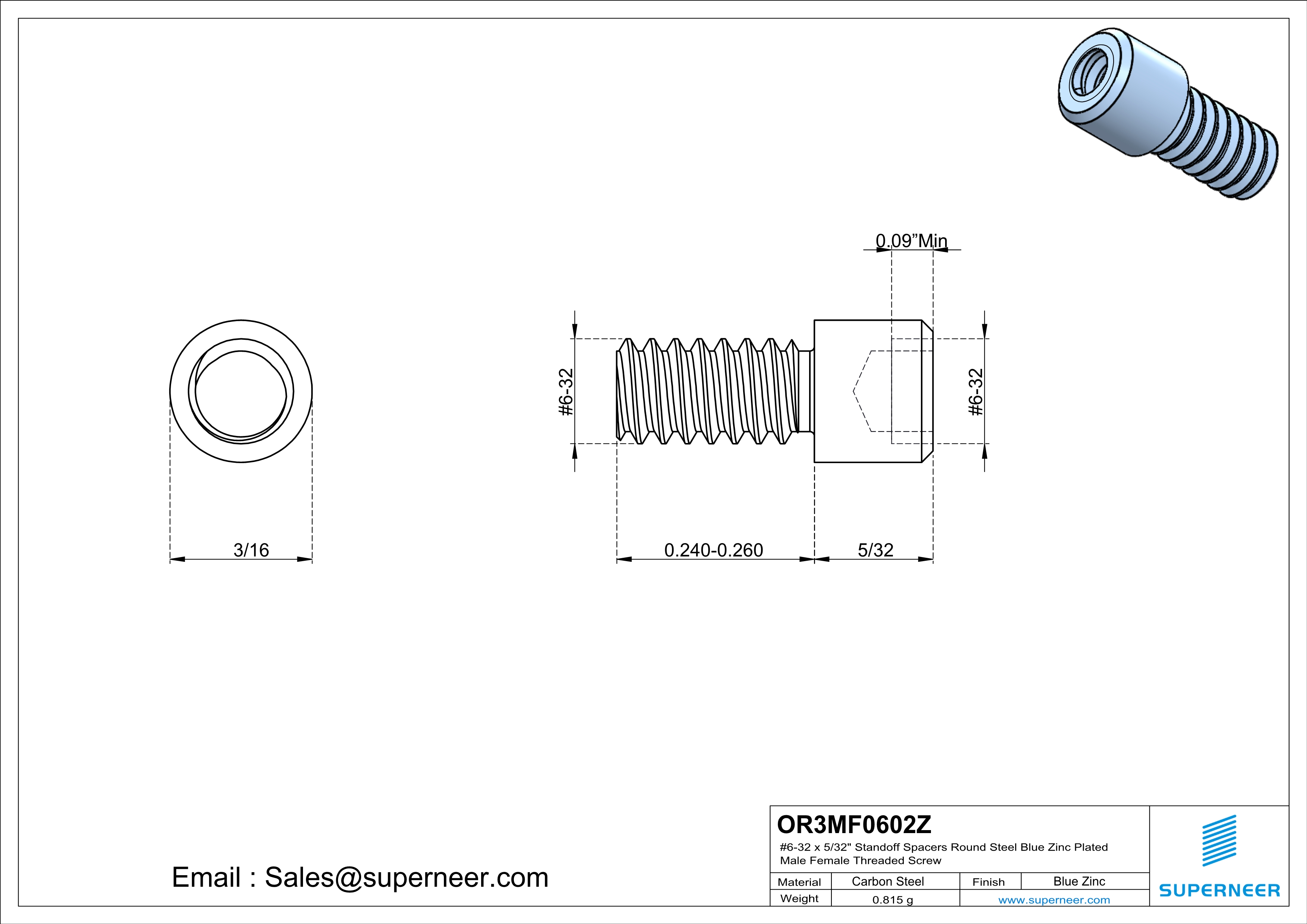 6-32 x 5/32" Standoff Spacers Round Steel Blue Zinc Plated Male Female Threaded Screw