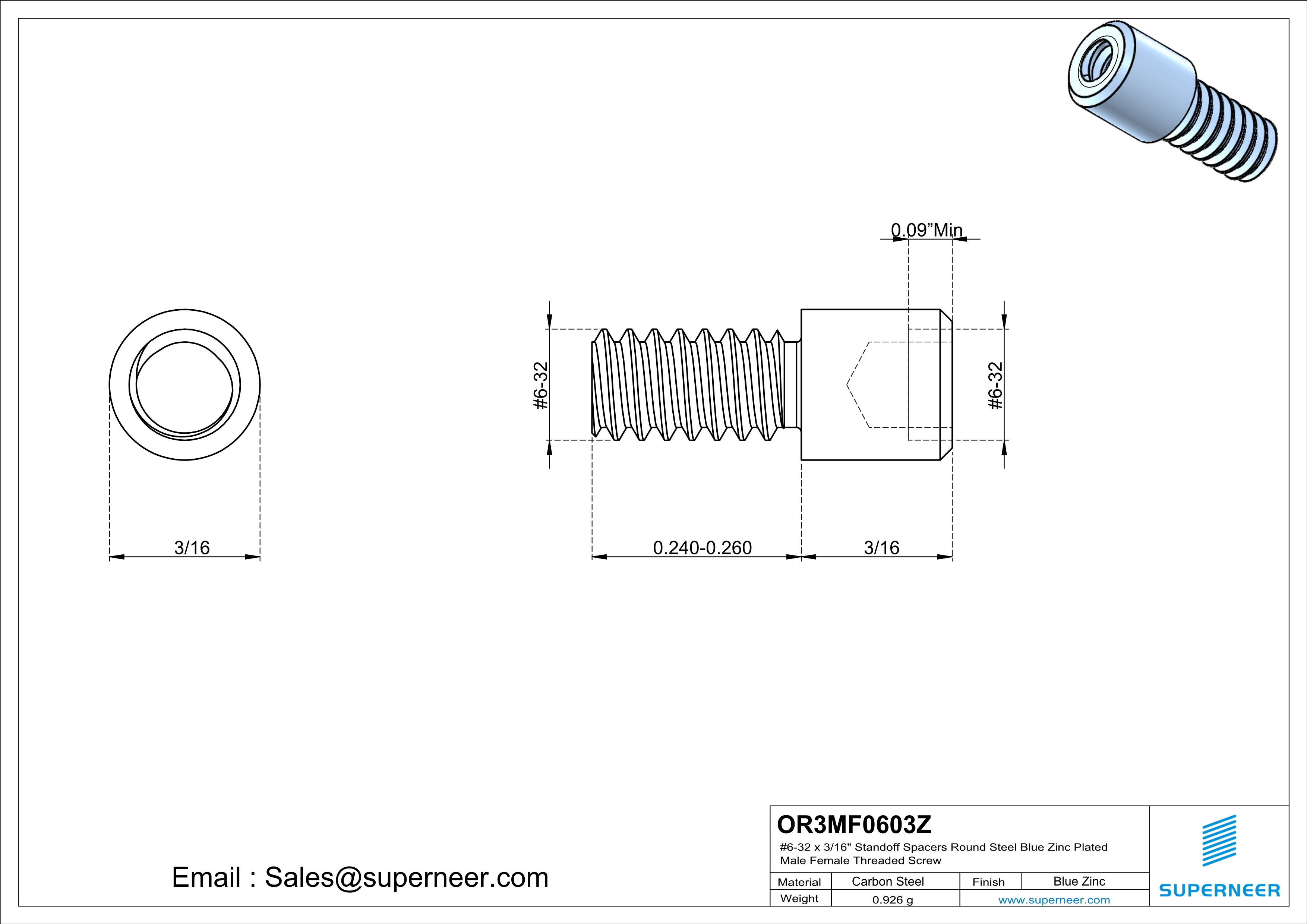 6-32 x 3/16" Standoff Spacers Round Steel Blue Zinc Plated Male Female Threaded Screw