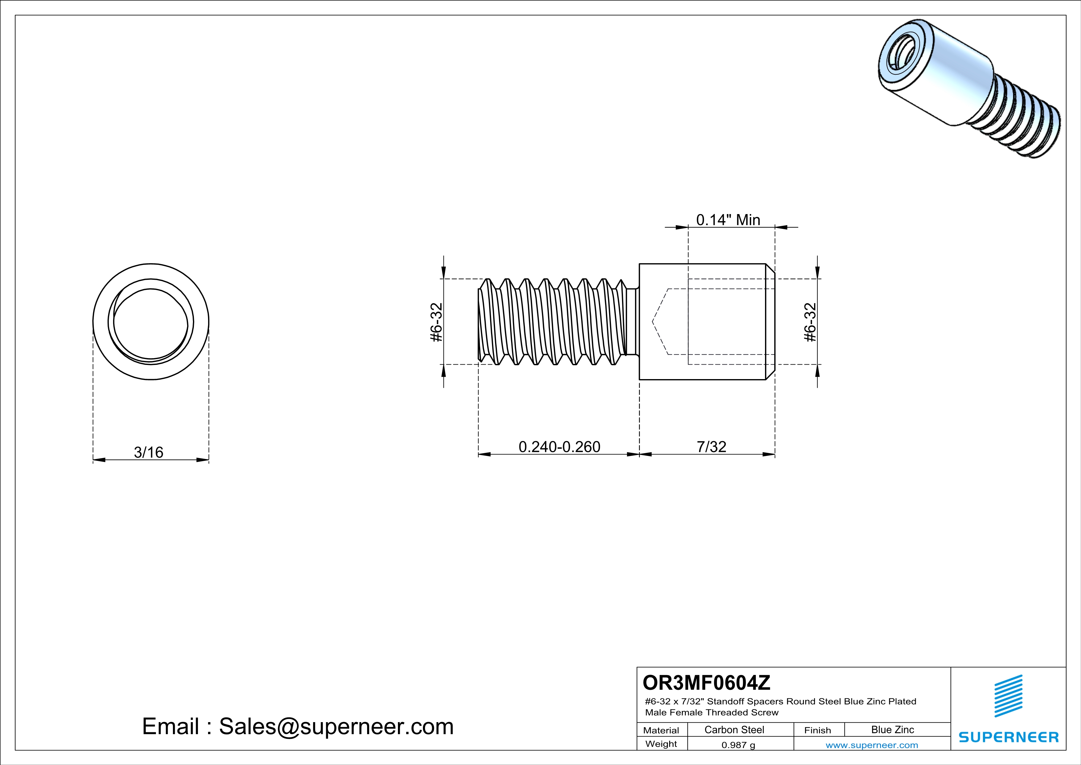 6-32 x 7/32" Standoff Spacers Round Steel Blue Zinc Plated Male Female Threaded Screw