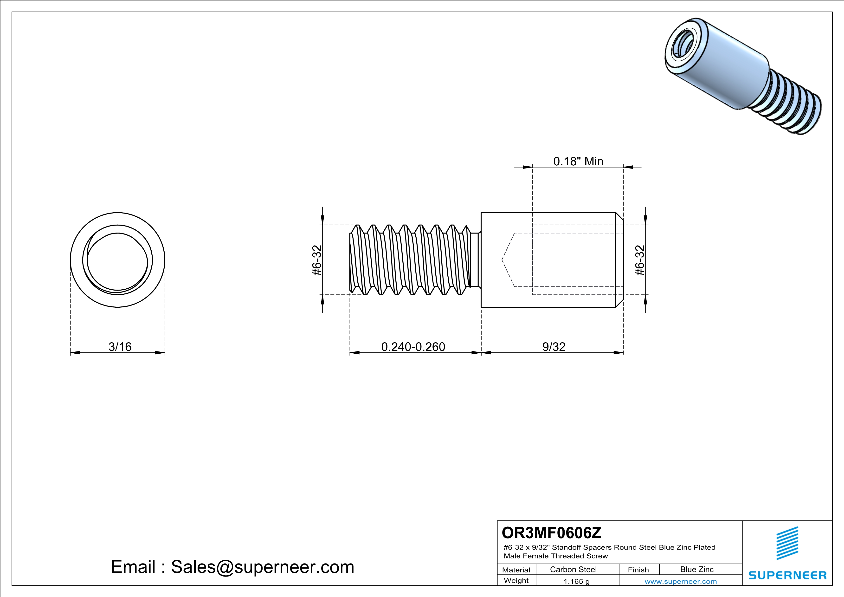 6-32 x 9/32" Standoff Spacers Round Steel Blue Zinc Plated Male Female Threaded Screw