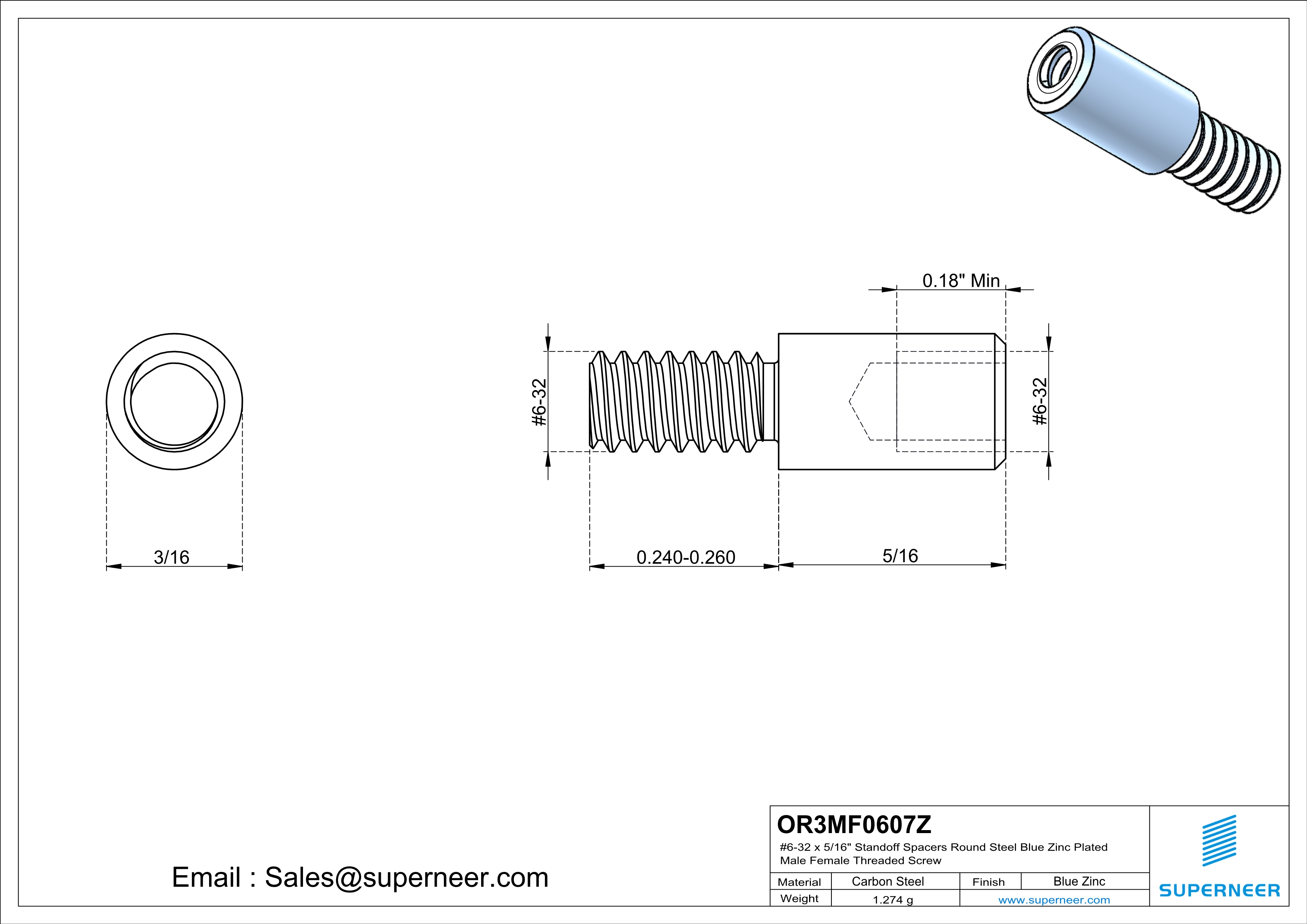 6-32 x 5/16" Standoff Spacers Round Steel Blue Zinc Plated Male Female Threaded Screw