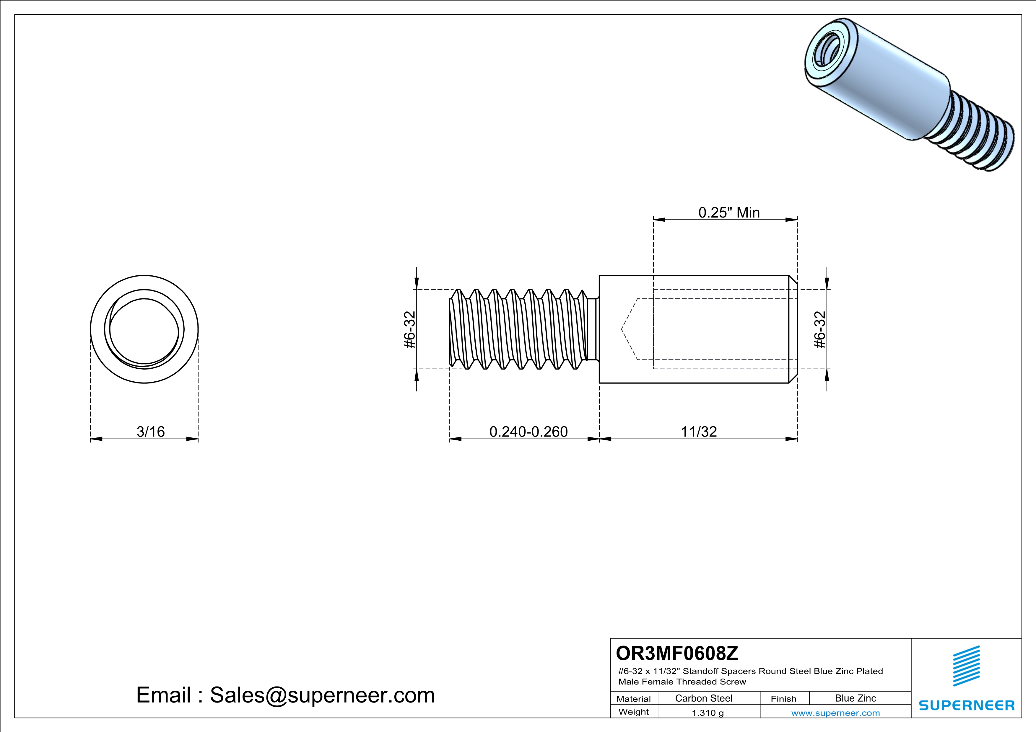 6-32 x 11/32" Standoff Spacers Round Steel Blue Zinc Plated Male Female Threaded Screw