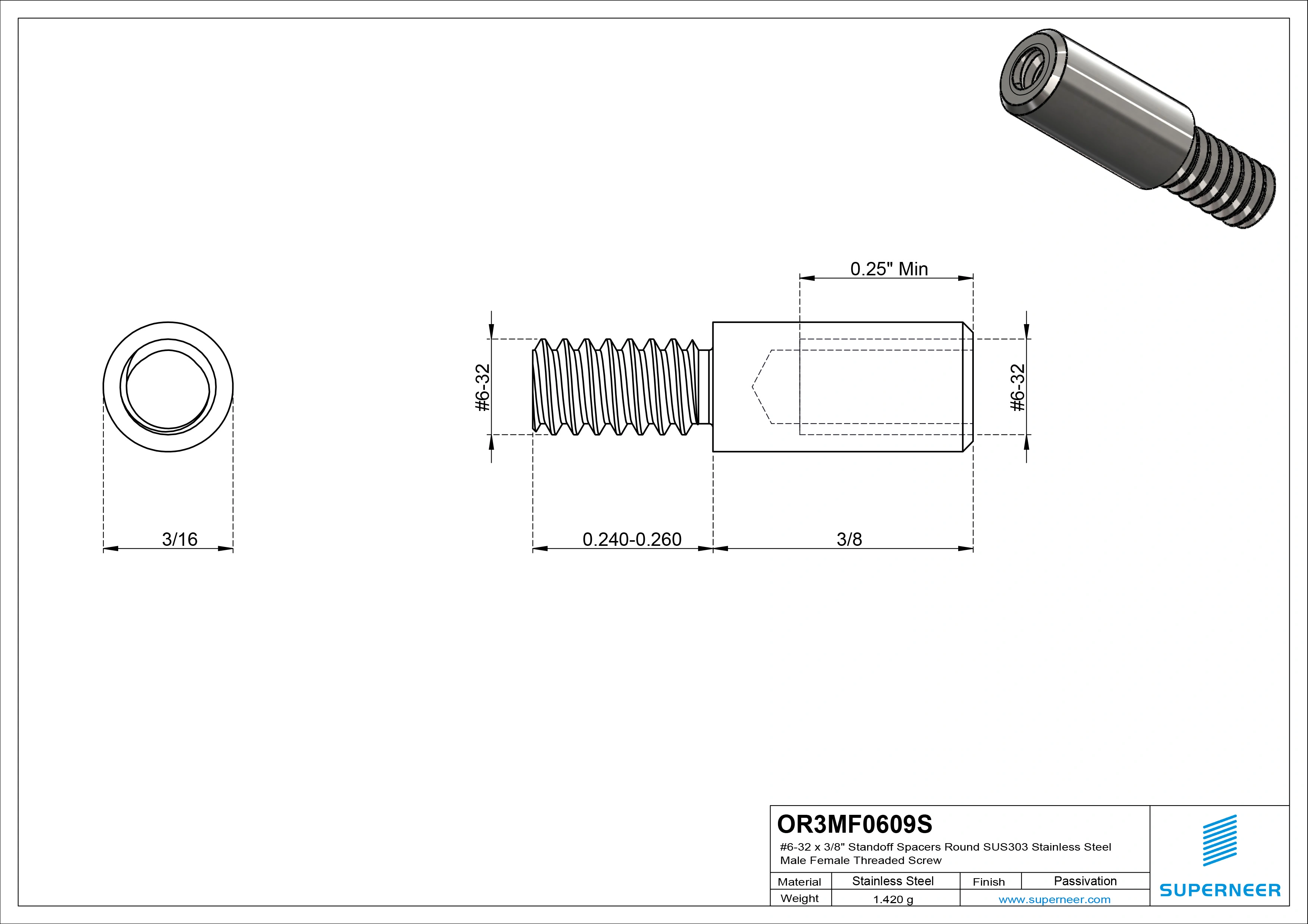 6-32 x 3/8" Standoff Spacers Round SUS303 Stainless Steel Inox Male Female Threaded Screw