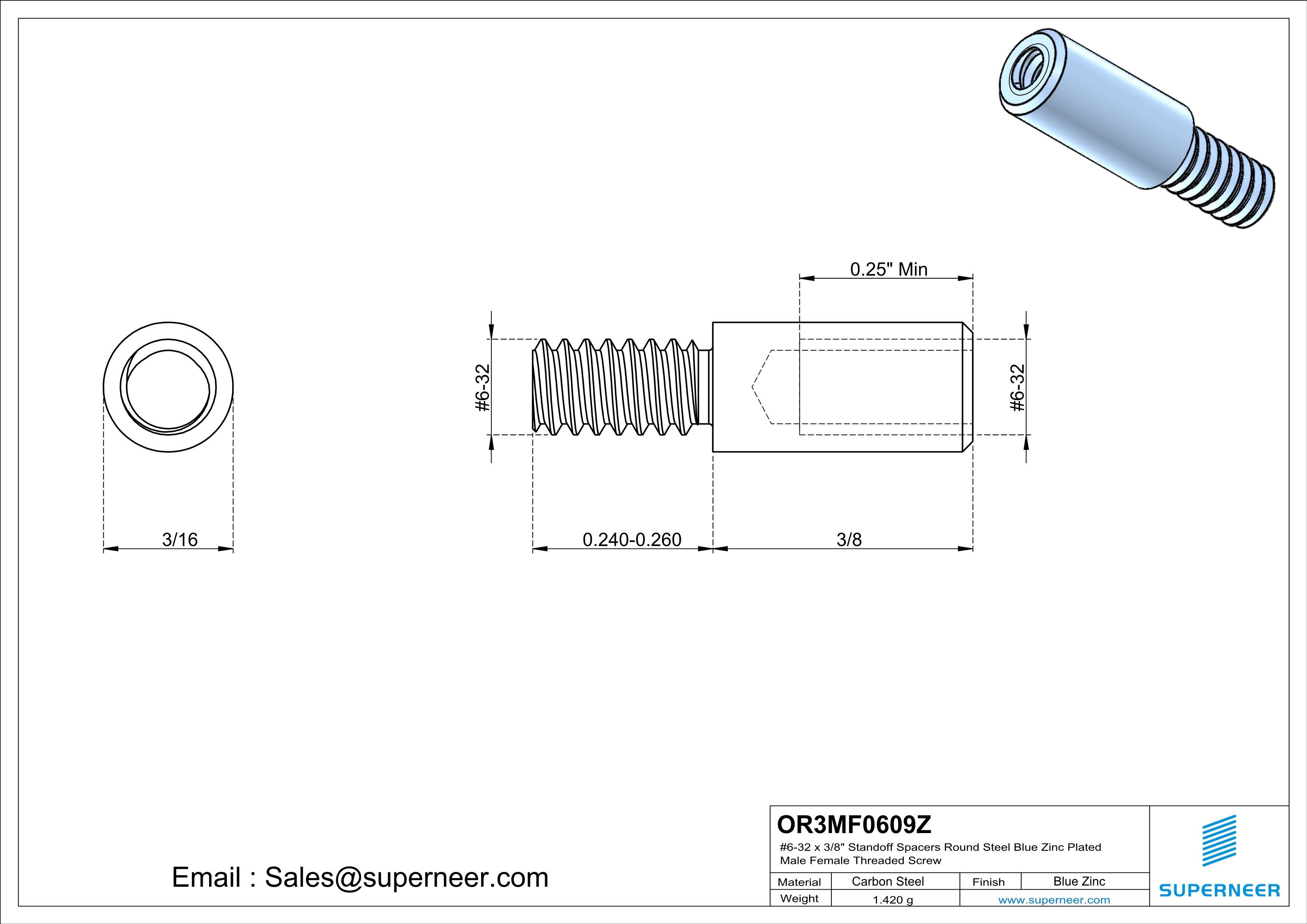 6-32 x 3/8" Standoff Spacers Round Steel Blue Zinc Plated Male Female Threaded Screw