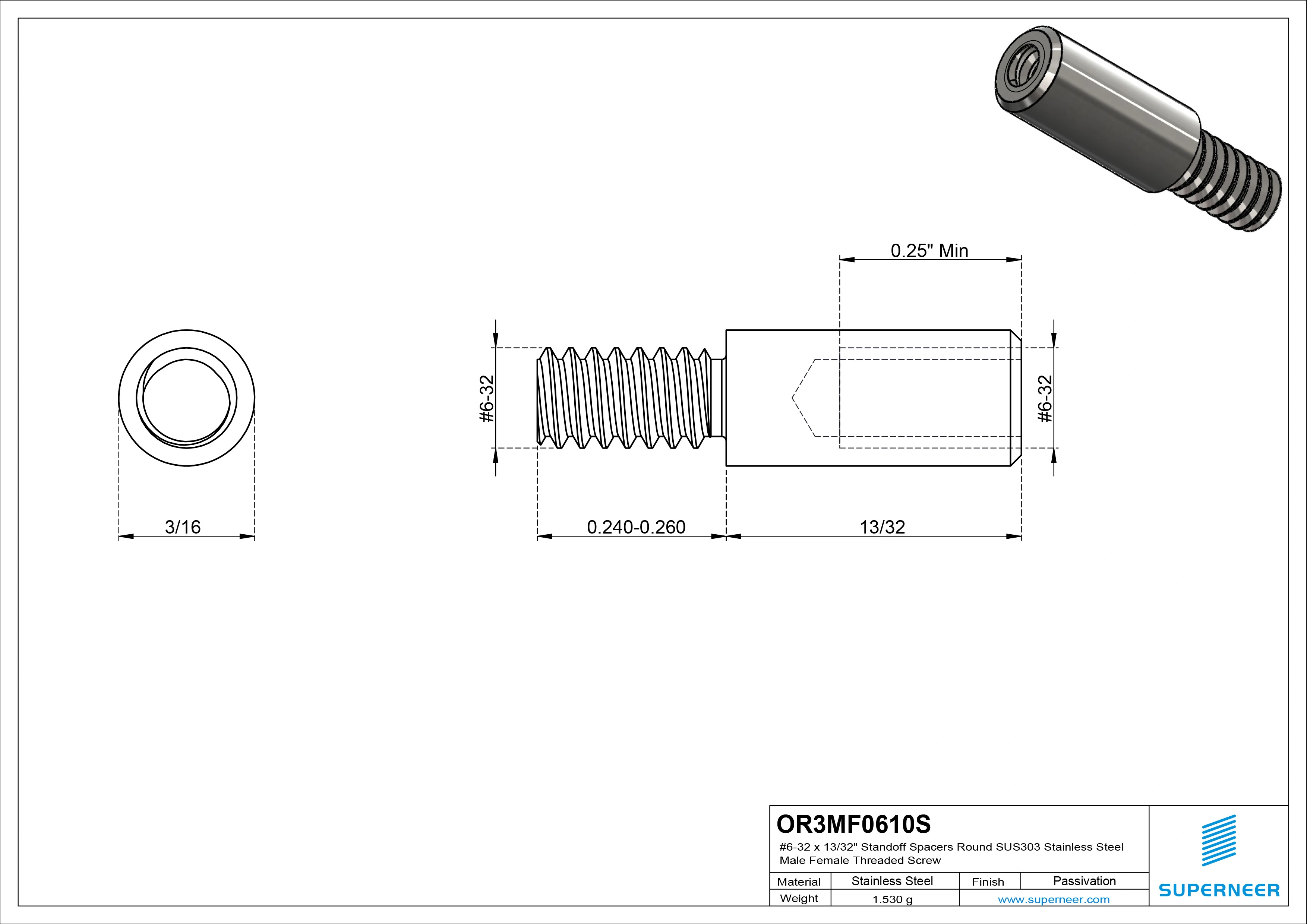 6-32 x 13/32" Standoff Spacers Round SUS303 Stainless Steel Inox Male Female Threaded Screw