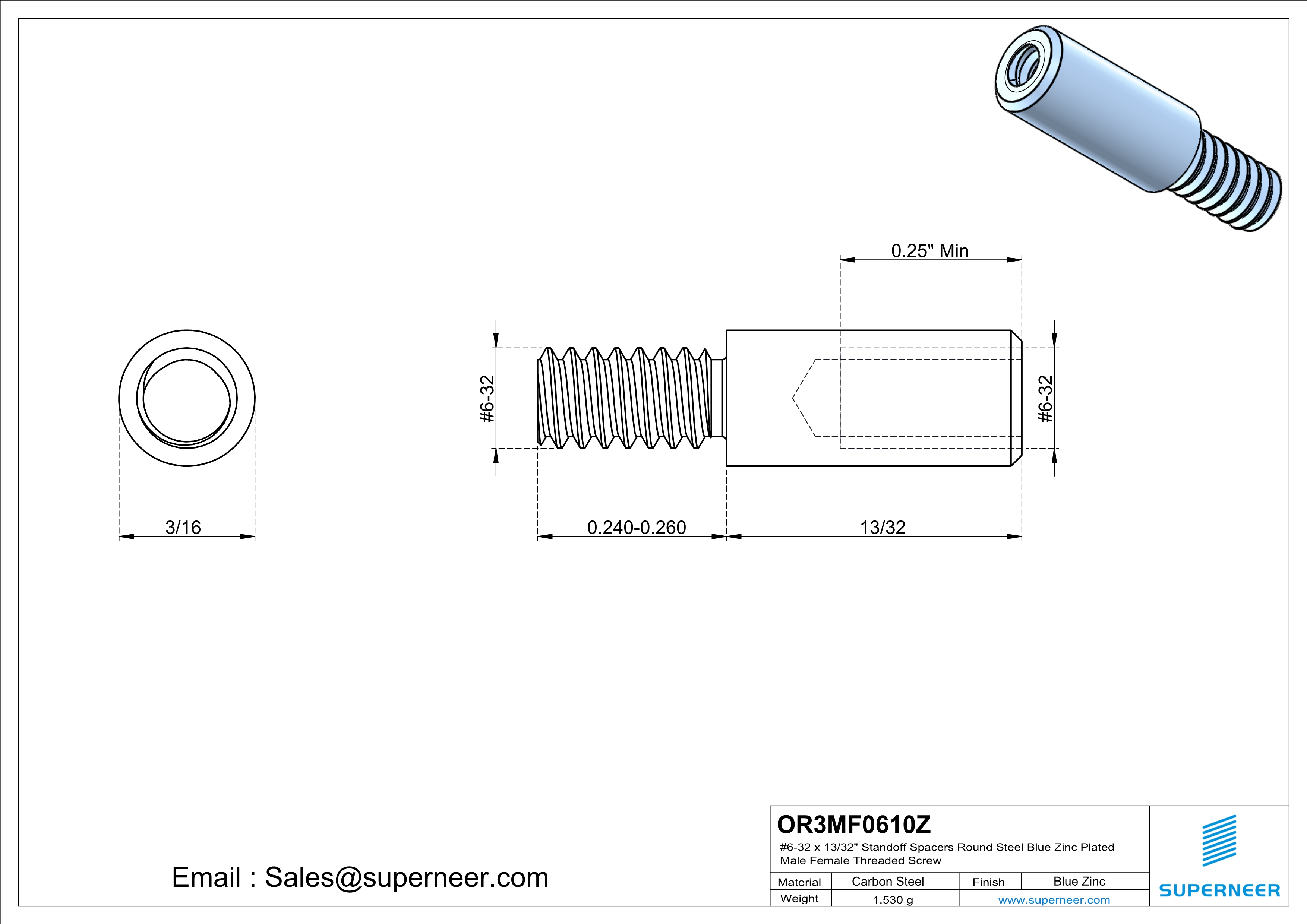 6-32 x 13/32" Standoff Spacers Round Steel Blue Zinc Plated Male Female Threaded Screw