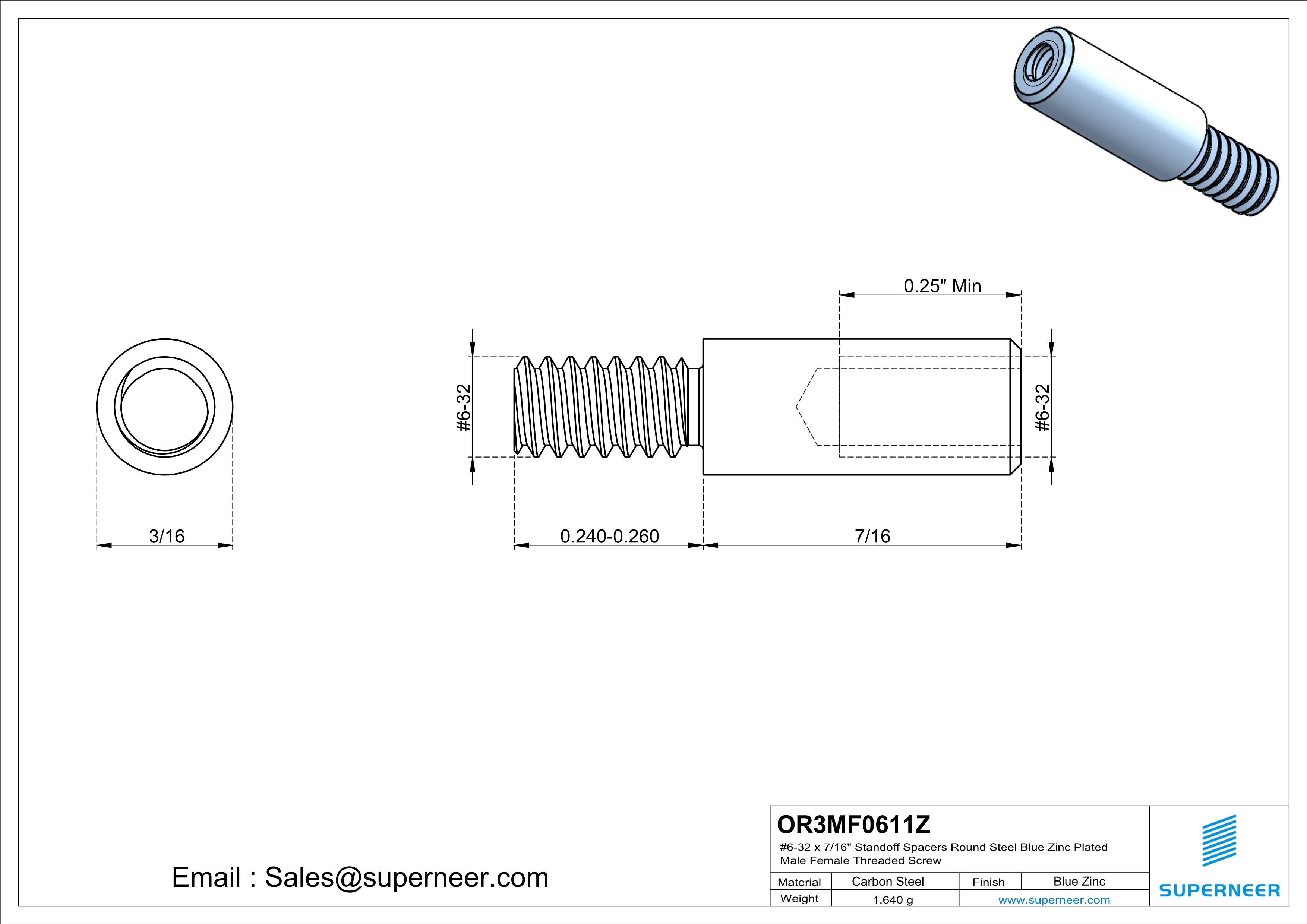 6-32 x 7/16" Standoff Spacers Round Steel Blue Zinc Plated Male Female Threaded Screw